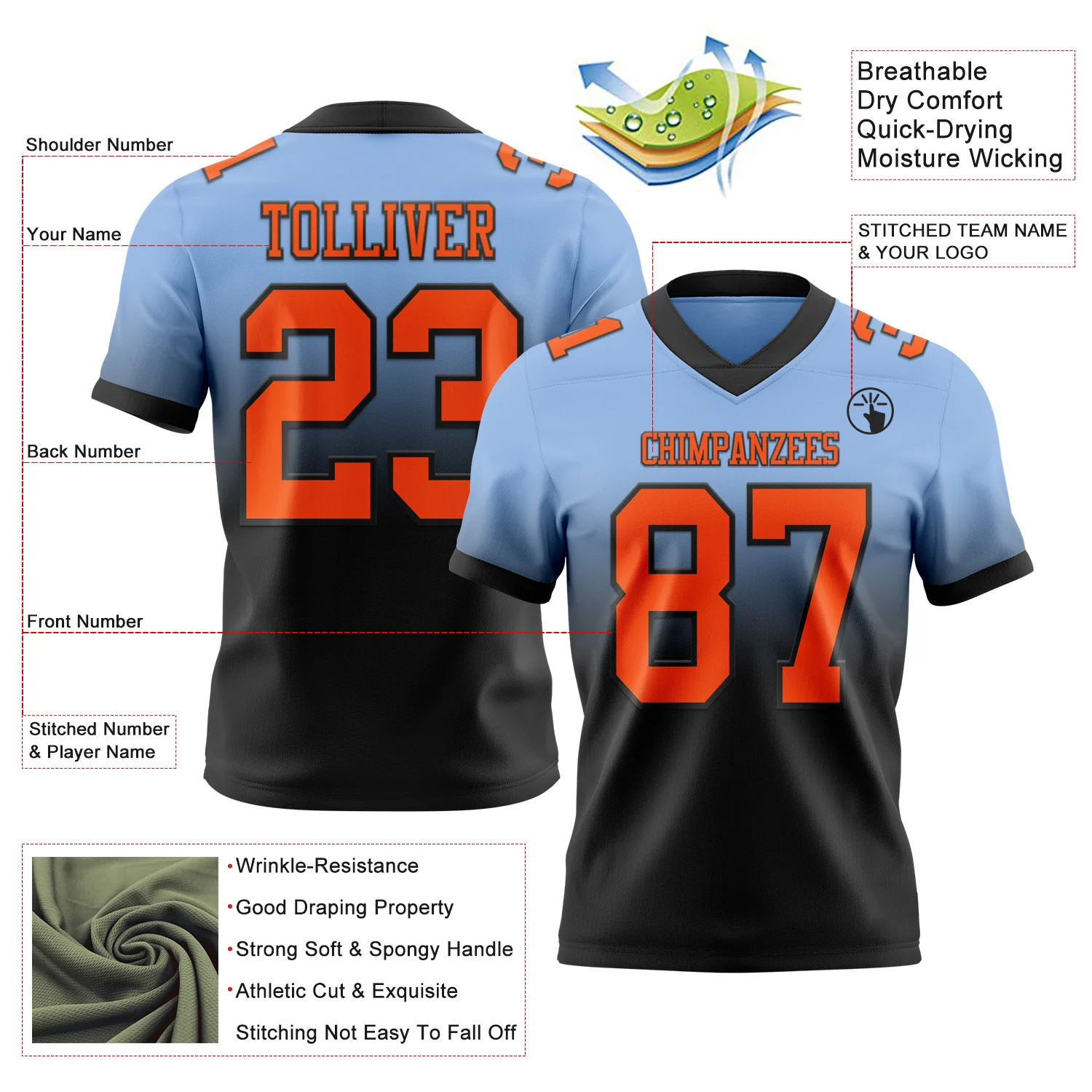 Custom Light Blue Orange-Black Authentic Fade Fashion Football Jersey - Image 2