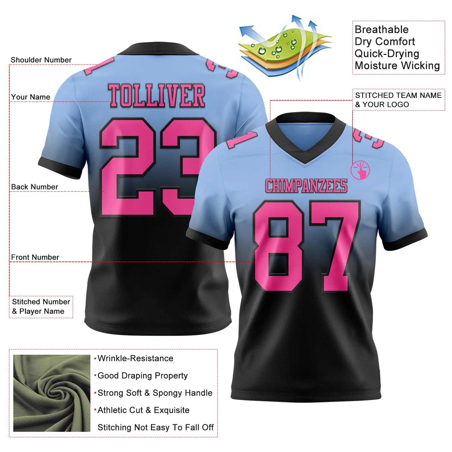 Custom Light Blue Pink-Black Authentic Fade Fashion Football Jersey - Image 2