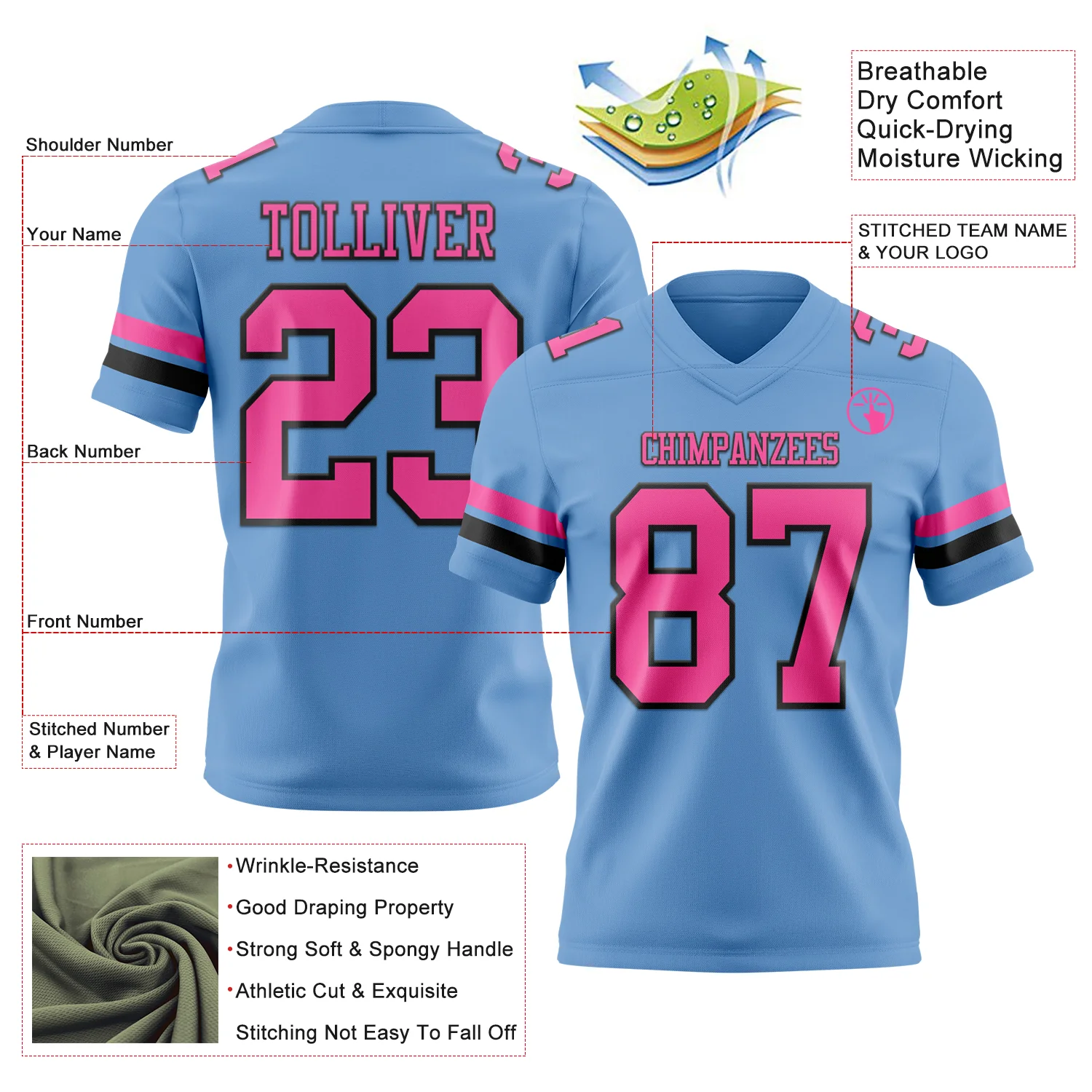 Custom Light Blue Pink-Black Authentic Football Jersey - Image 3