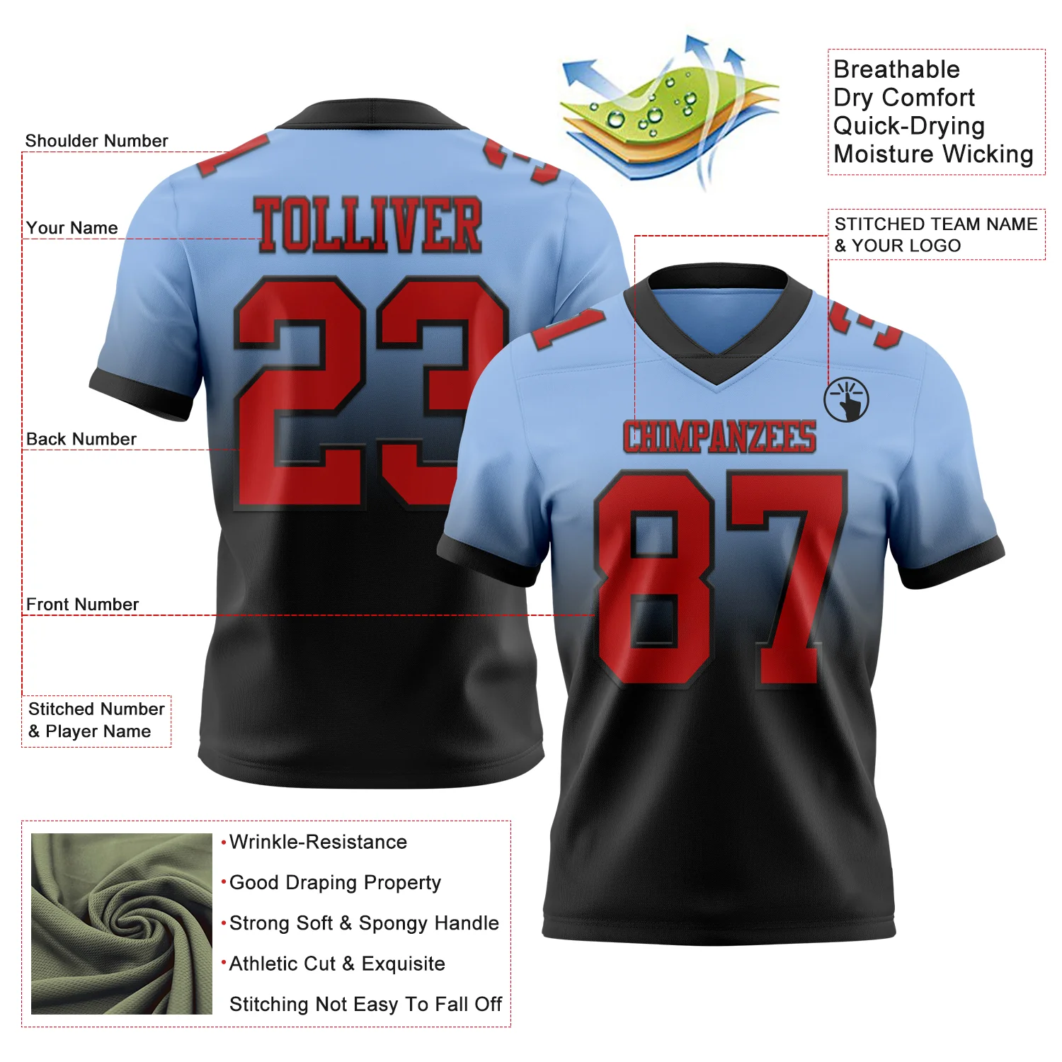 Custom Light Blue Red-Black Authentic Fade Fashion Football Jersey - Image 2