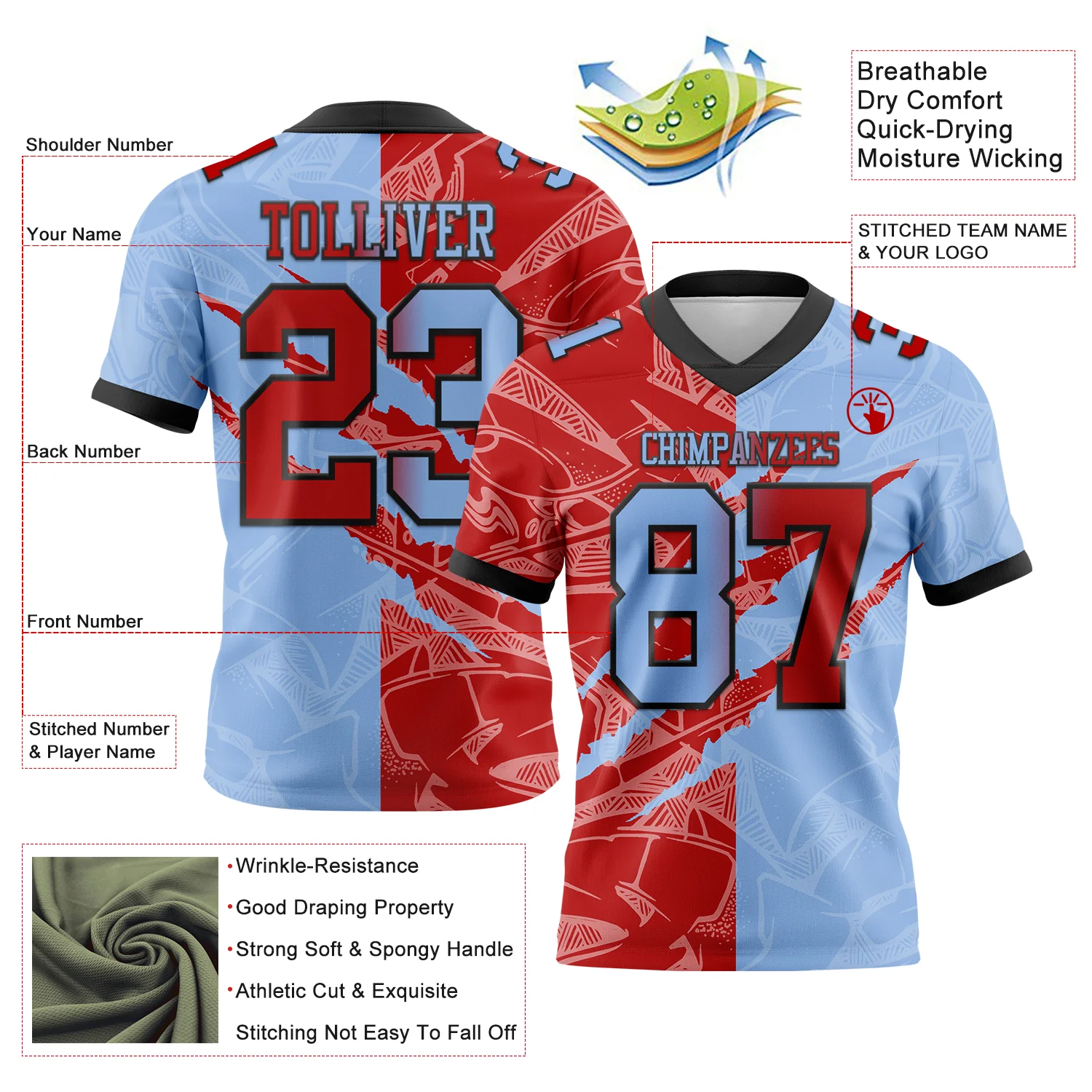 Custom Light Blue Red-Black Authentic Gradient Fashion Scratch Football Jersey - Image 3