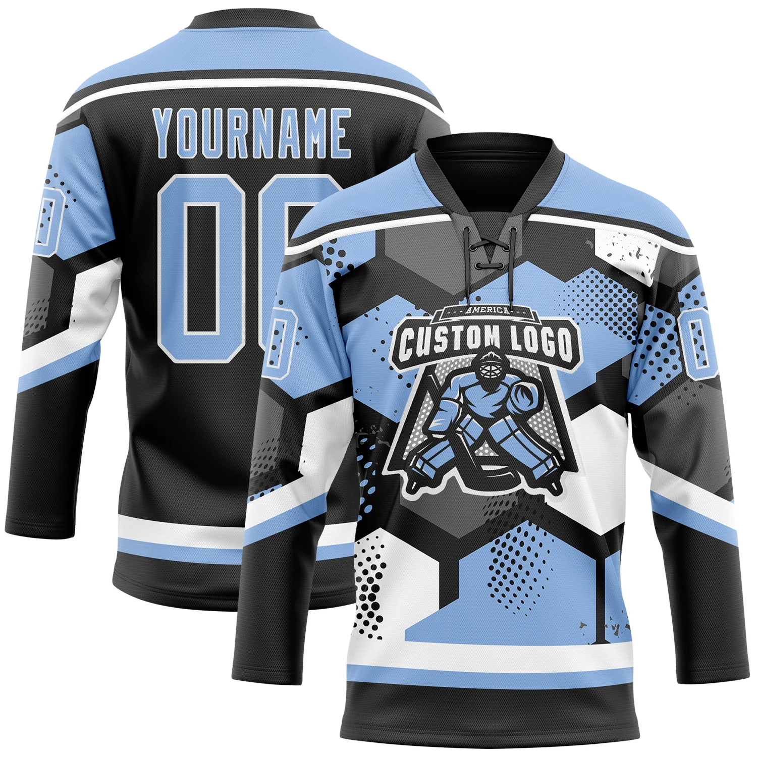 Custom Light Blue Black-White 3D Pattern Geometric Shape Hockey Lace Neck Jersey - Image 2