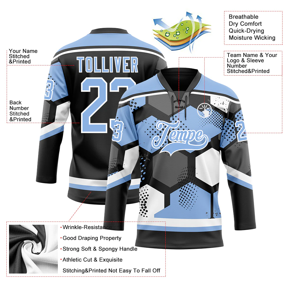 Custom Light Blue Black-White 3D Pattern Geometric Shape Hockey Lace Neck Jersey - Image 5