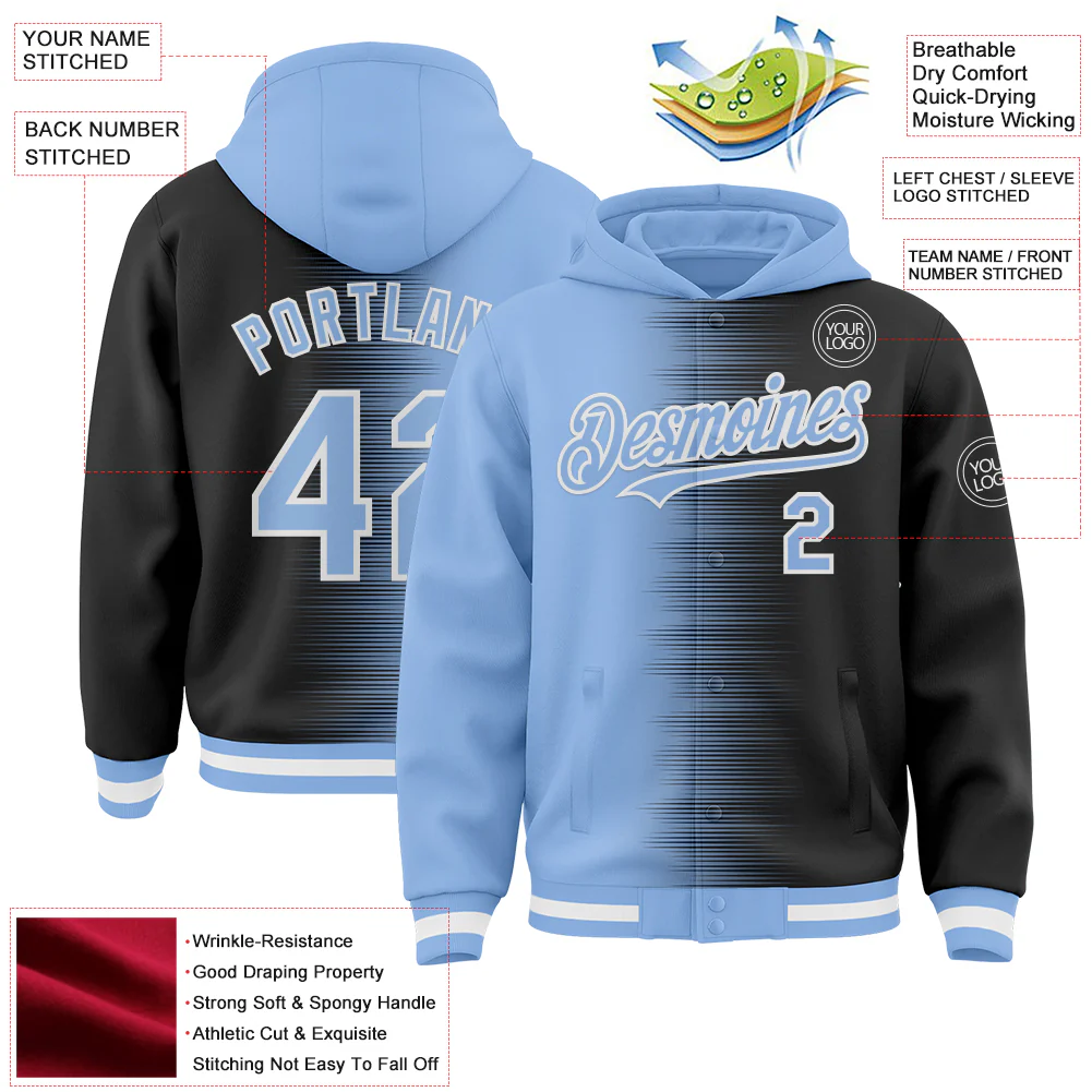 Custom Light Blue Black-White Gradient Line Bomber Full-Snap Varsity Letterman Hoodie Jacket - Image 4