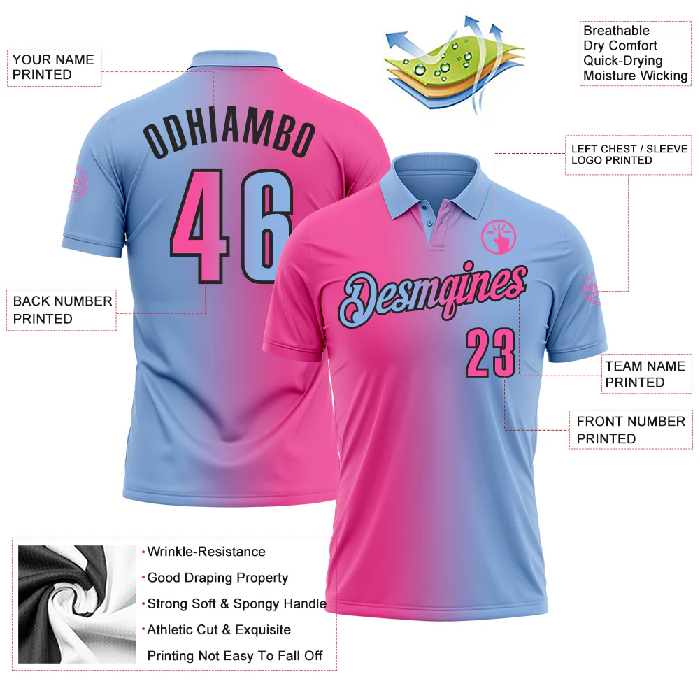Custom Light Blue Pink-Black 3D Gradient Fashion Performance Polo Shirt - Image 3