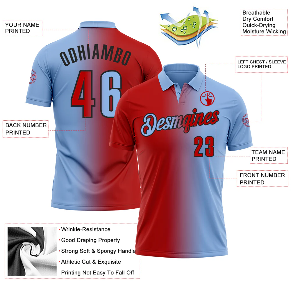Custom Light Blue Red-Black 3D Gradient Fashion Performance Polo Shirt - Image 3