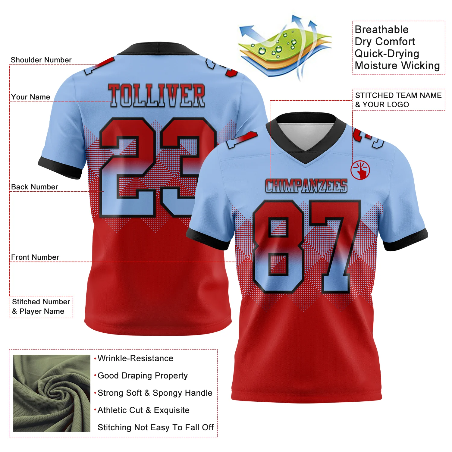 Custom Light Blue Red-Black Authentic Gradient Square Shape Flag Football Jersey - Image 2