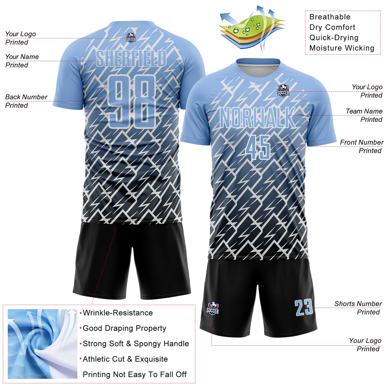Custom Light Blue Black-White Lightning Sports Sublimation Soccer Uniform Jersey - Image 4