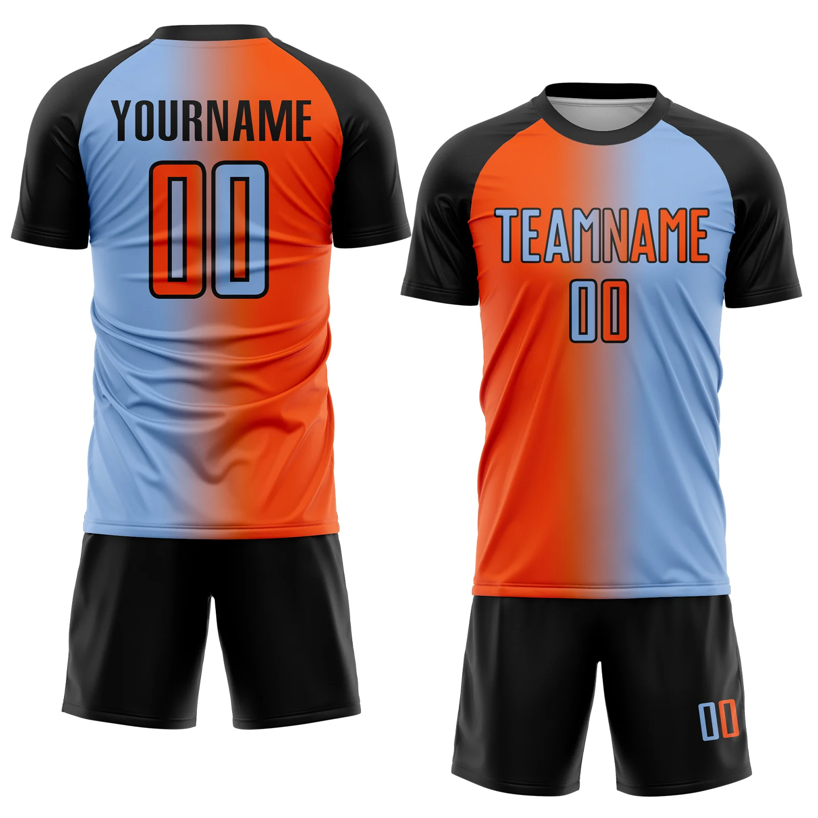 Custom Light Blue Orange-Black Sublimation Gradient Fashion Soccer Uniform Jersey - Image 2