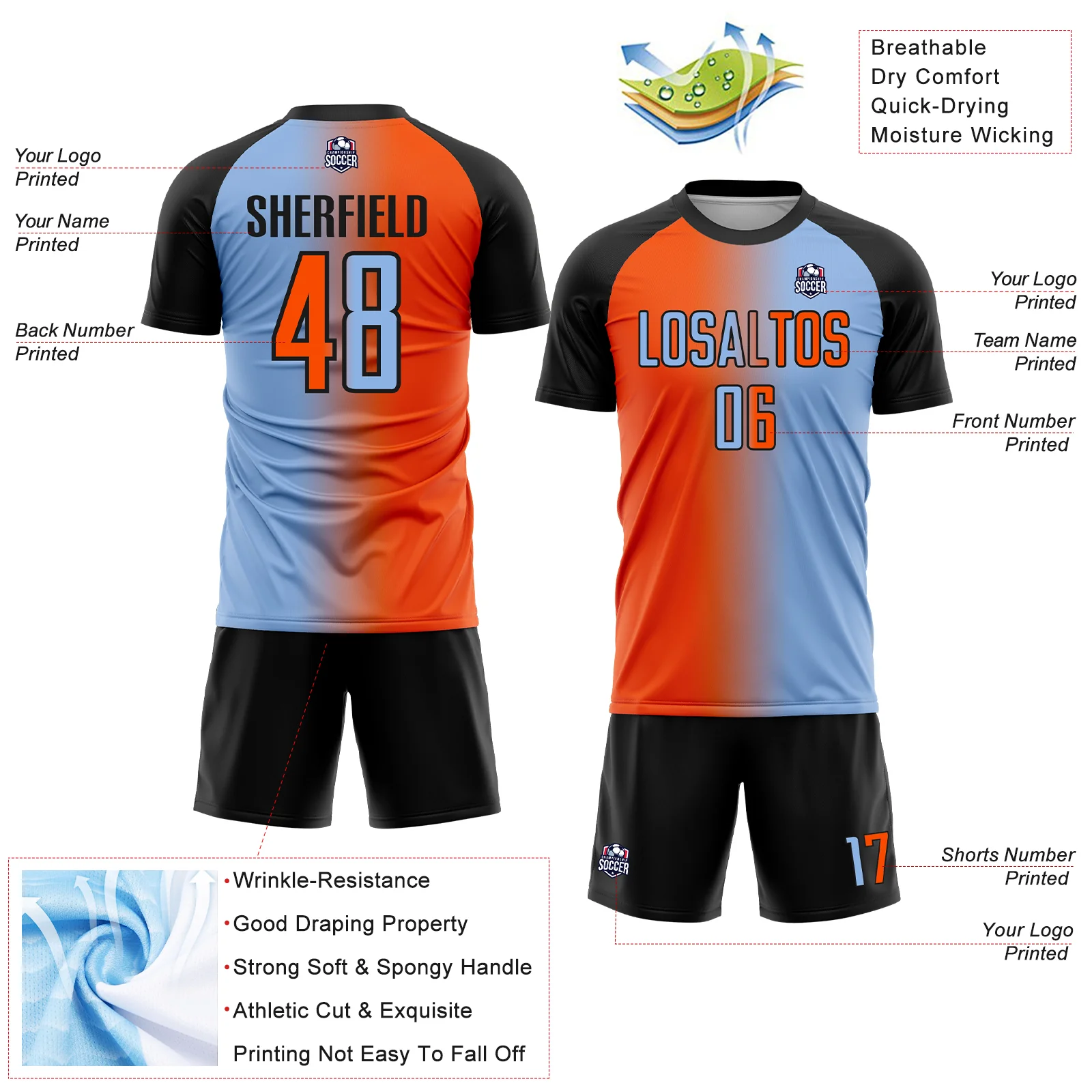 Custom Light Blue Orange-Black Sublimation Gradient Fashion Soccer Uniform Jersey - Image 4
