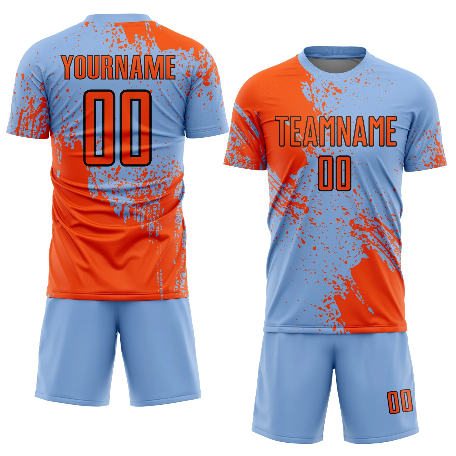 Custom Light Blue Orange-Black Abstract Brush Stroke Sports Sublimation Soccer Uniform Jersey - Image 2