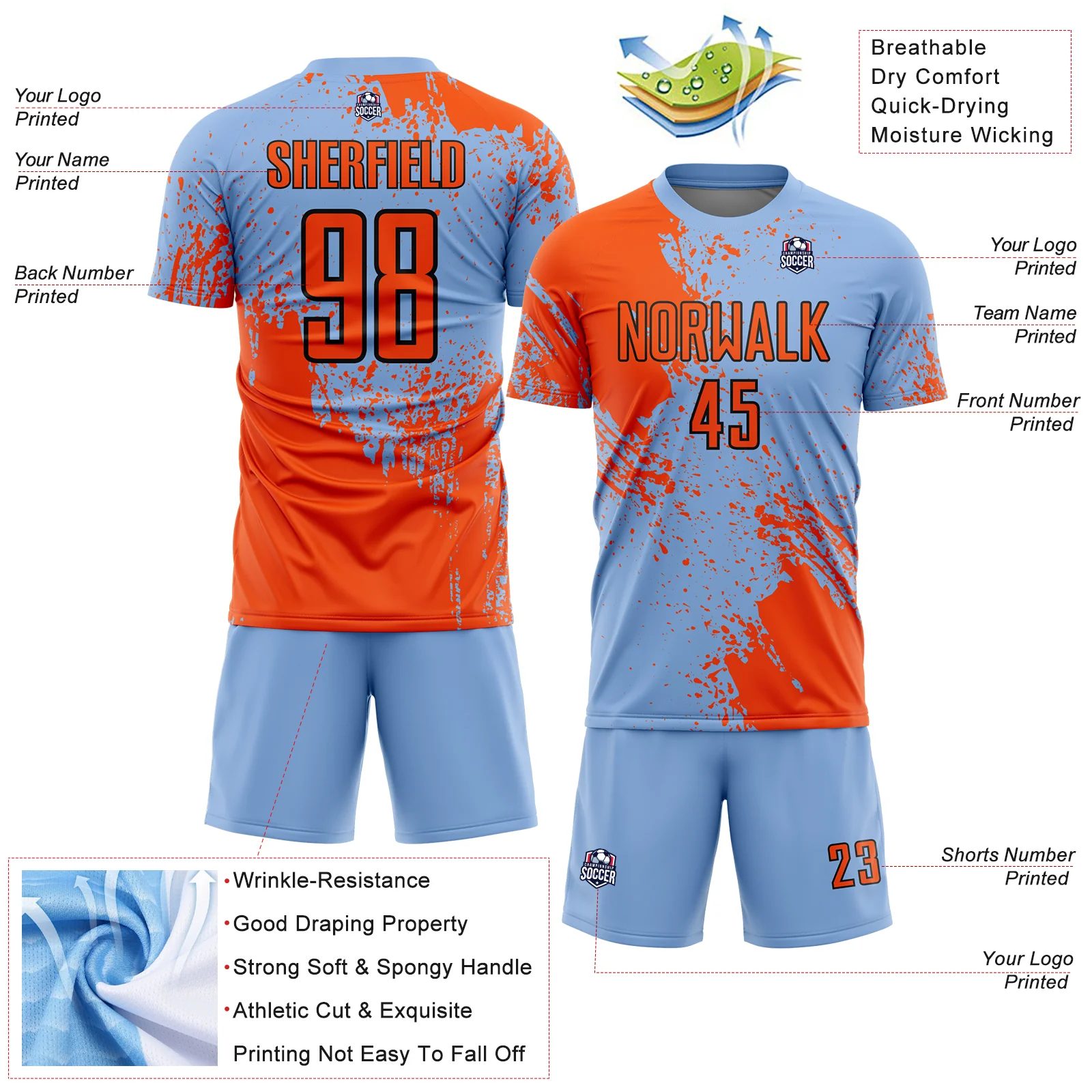 Custom Light Blue Orange-Black Abstract Brush Stroke Sports Sublimation Soccer Uniform Jersey - Image 4