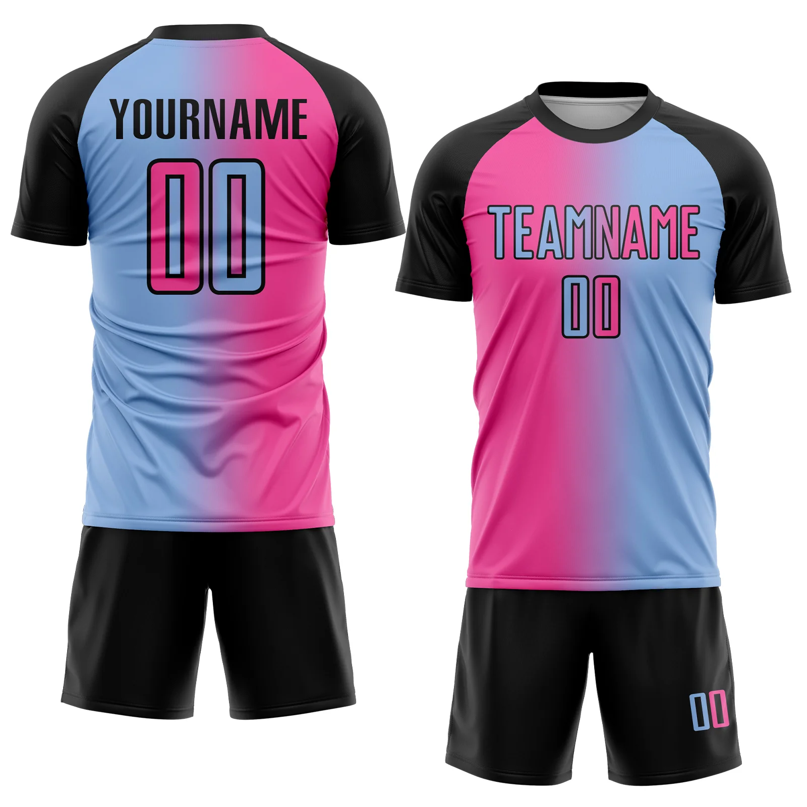 Custom Light Blue Pink-Black Sublimation Gradient Fashion Soccer Uniform Jersey - Image 2