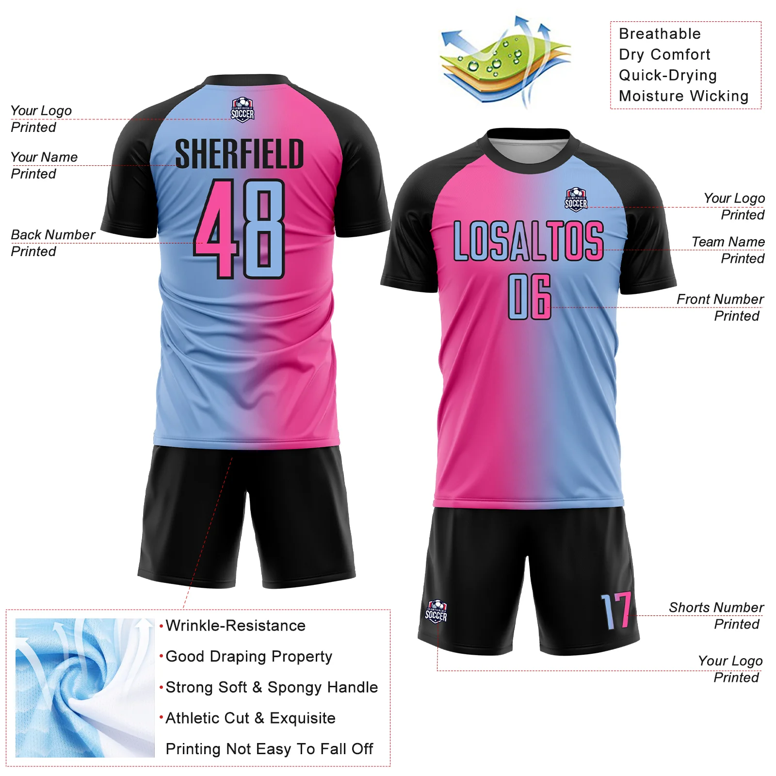 Custom Light Blue Pink-Black Sublimation Gradient Fashion Soccer Uniform Jersey - Image 4