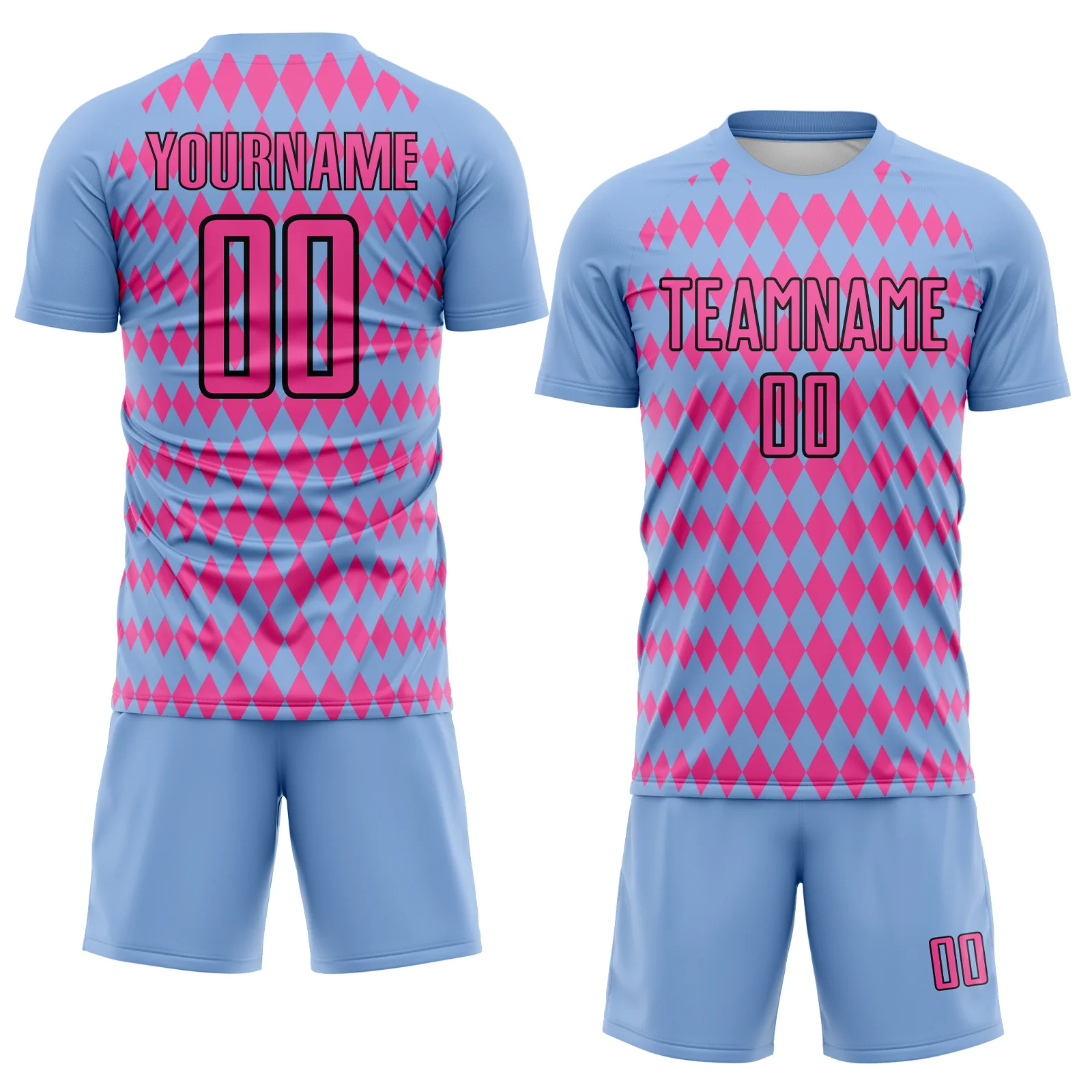 Custom Light Blue Pink-Black Diamond Harlequin Check Sports Sublimation Soccer Uniform Jersey - Image 2