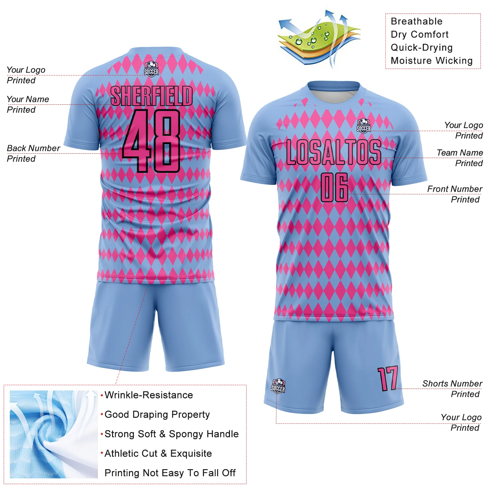 Custom Light Blue Pink-Black Diamond Harlequin Check Sports Sublimation Soccer Uniform Jersey - Image 4