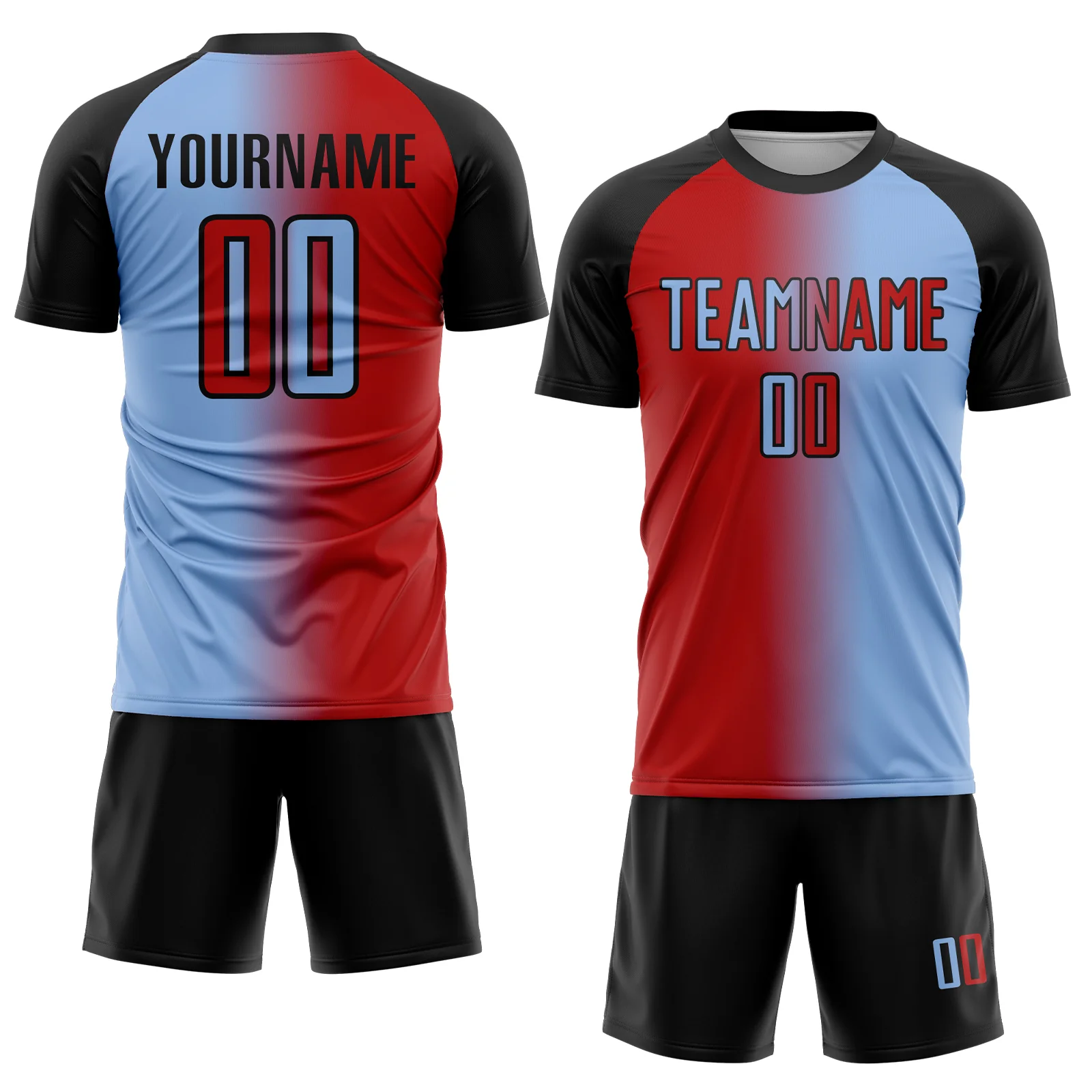 Custom Light Blue Red-Black Sublimation Gradient Fashion Soccer Uniform Jersey - Image 2