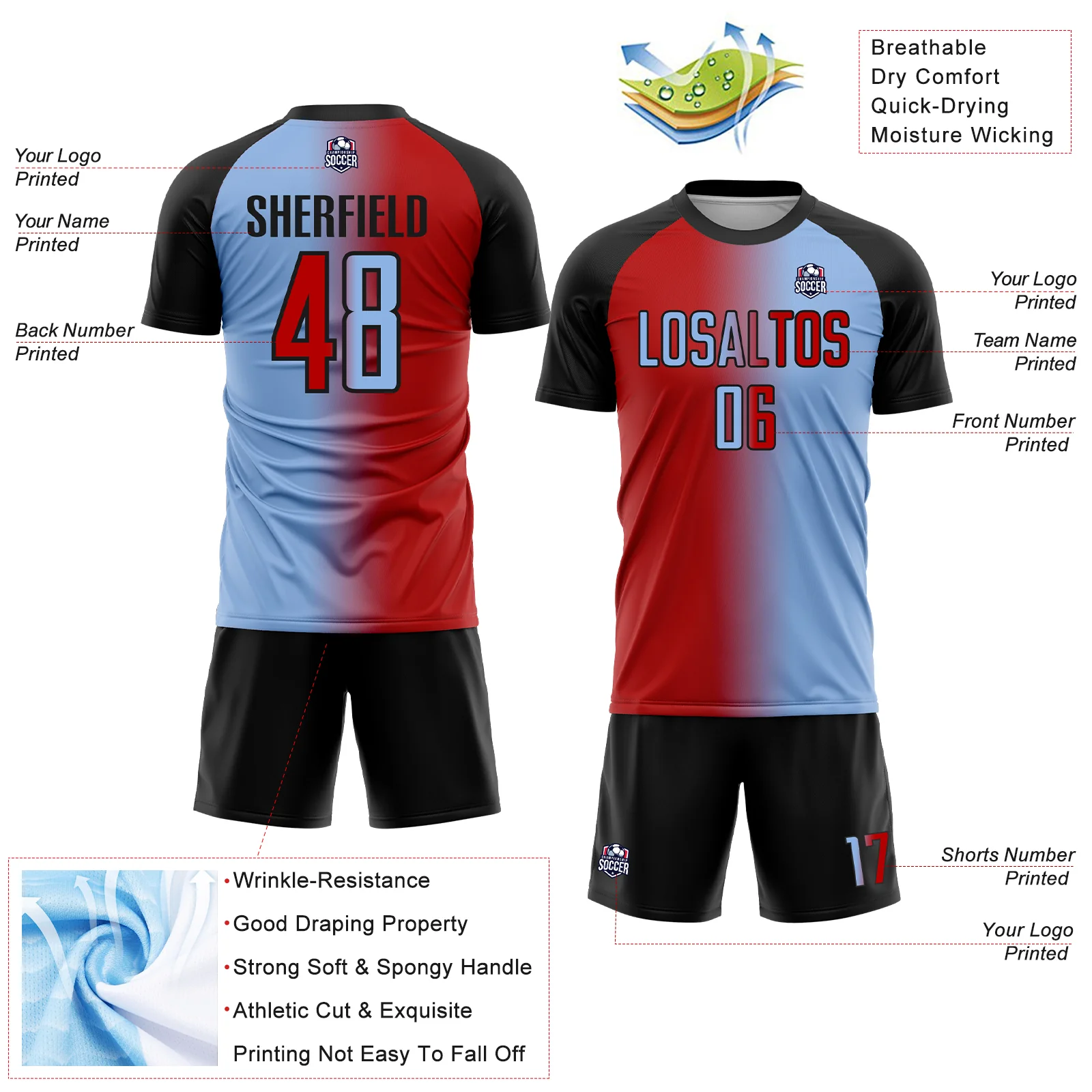 Custom Light Blue Red-Black Sublimation Gradient Fashion Soccer Uniform Jersey - Image 4