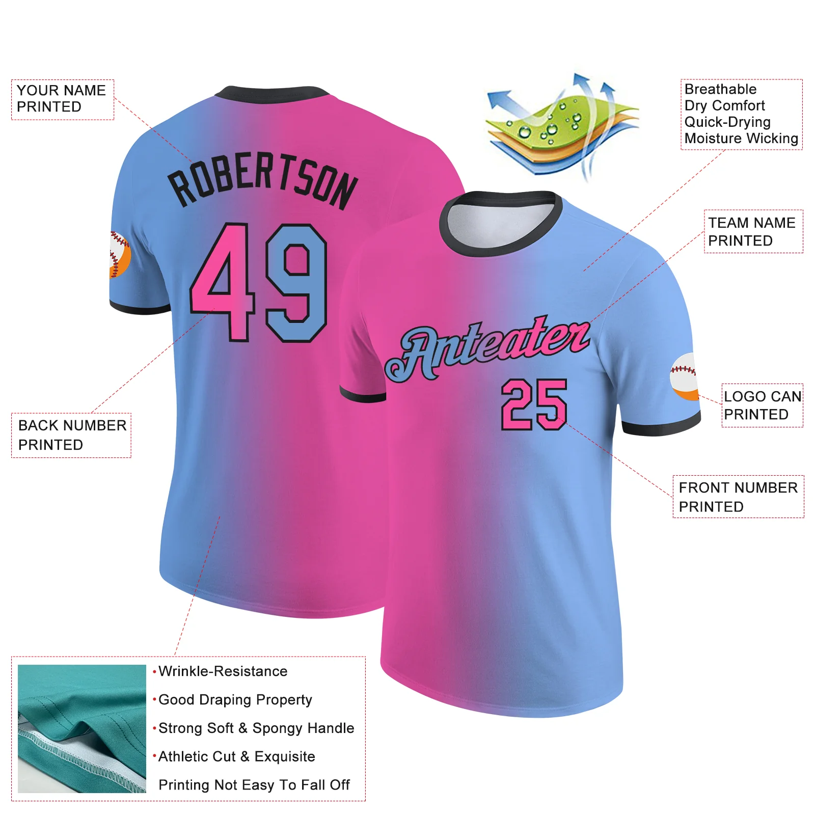 Custom Light Blue Pink-Black Gradient Fashion Performance T-Shirt - Image 2