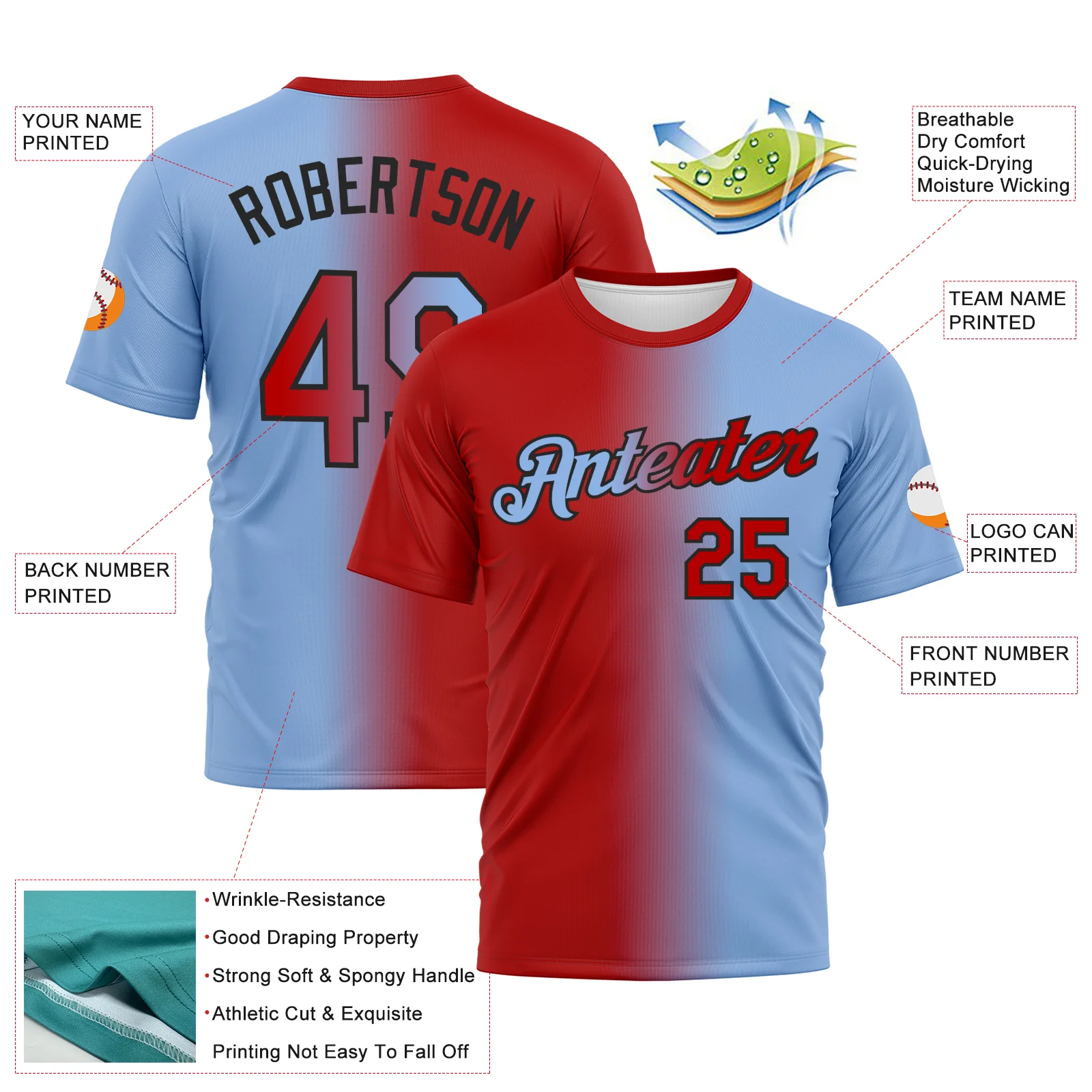 Custom Light Blue Red-Black Gradient Fashion Performance T-Shirt - Image 2