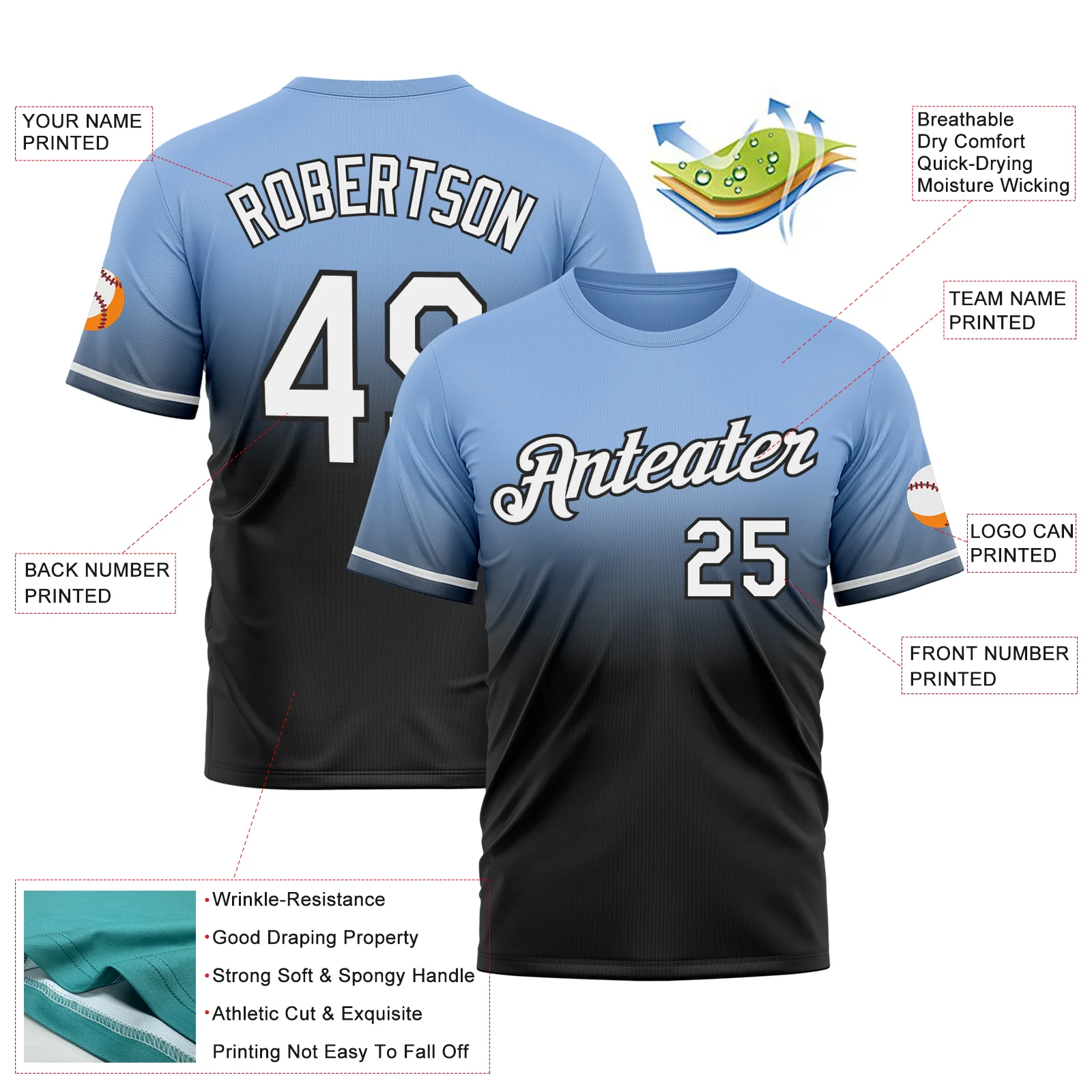 Custom Light Blue White-Black Fade Fashion Performance T-Shirt - Image 3