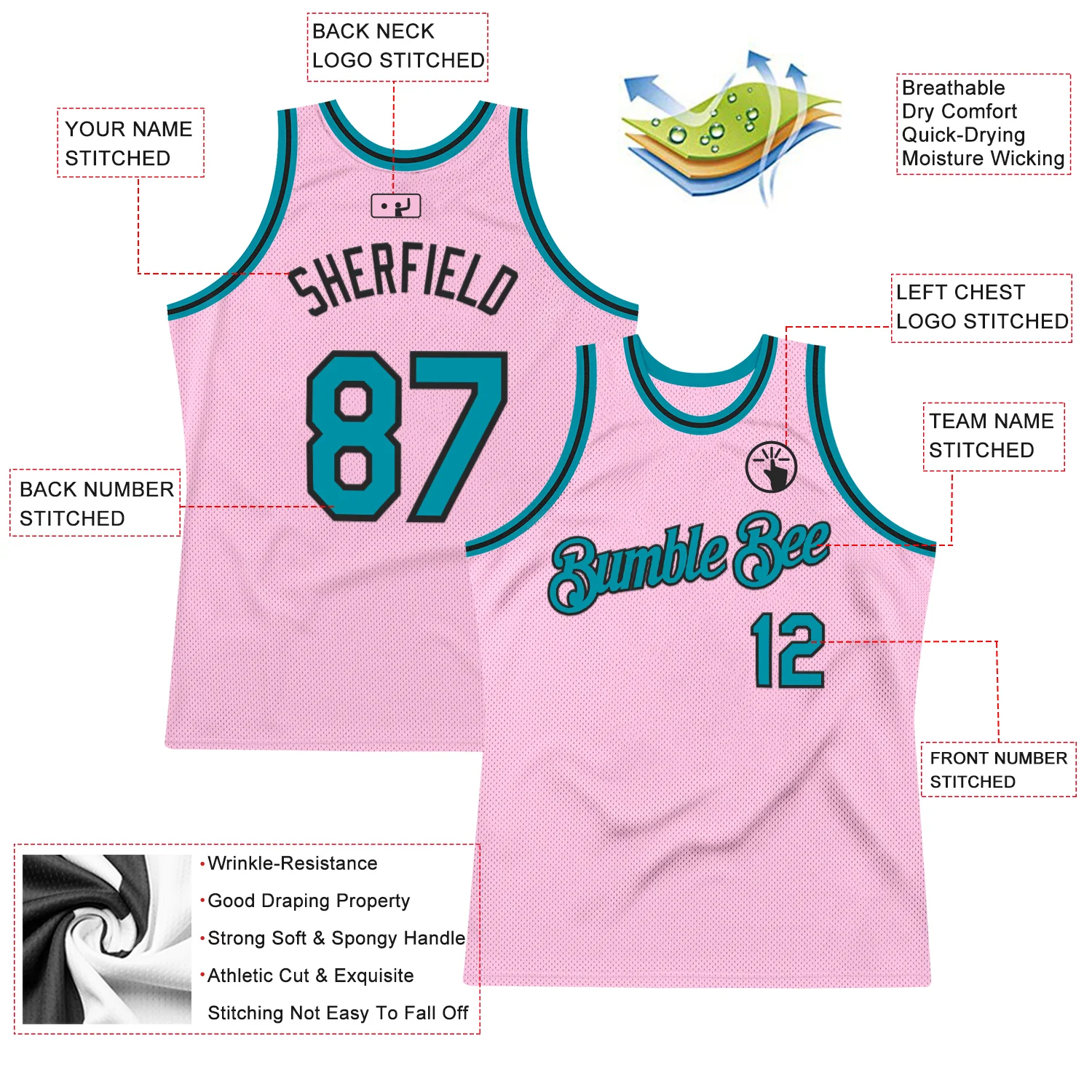 Custom Light Pink Teal-Black Authentic Throwback Basketball Jersey - Image 2