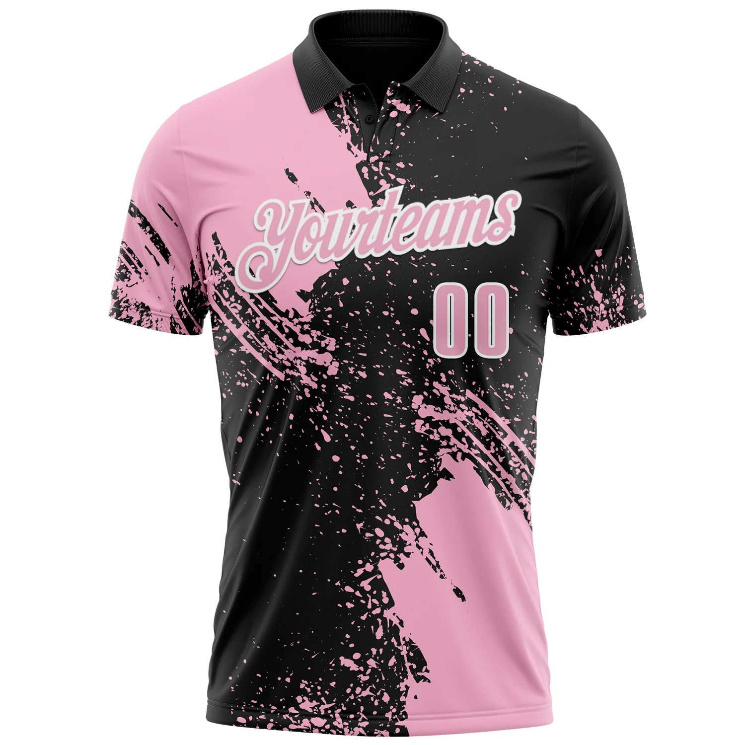 Custom Light Pink Black-White 3D Pattern Design Abstract Brush Stroke Performance Polo Shirt - Image 2