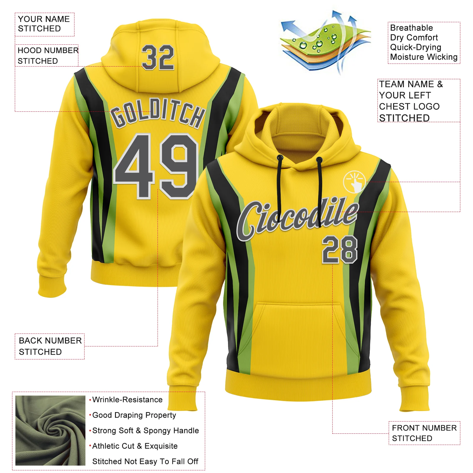 Custom Stitched Light Yellow Steel Gray Black Green-White 3D Pattern Design Sportswear Pullover Sweatshirt Hoodie - Image 2