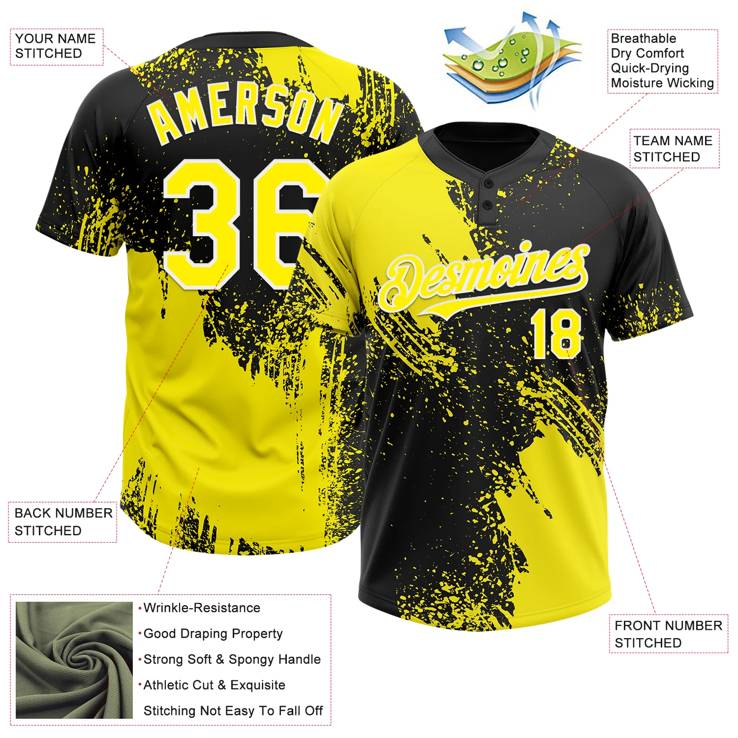 Custom Light Yellow Black-White 3D Pattern Abstract Brush Stroke Two-Button Unisex Softball Jersey - Image 3