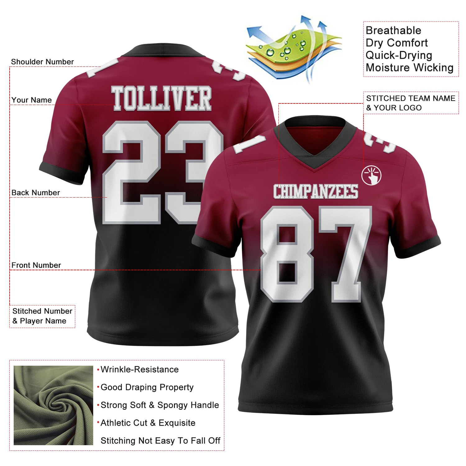 Custom Maroon White Black-Gray Authentic Fade Fashion Football Jersey - Image 2