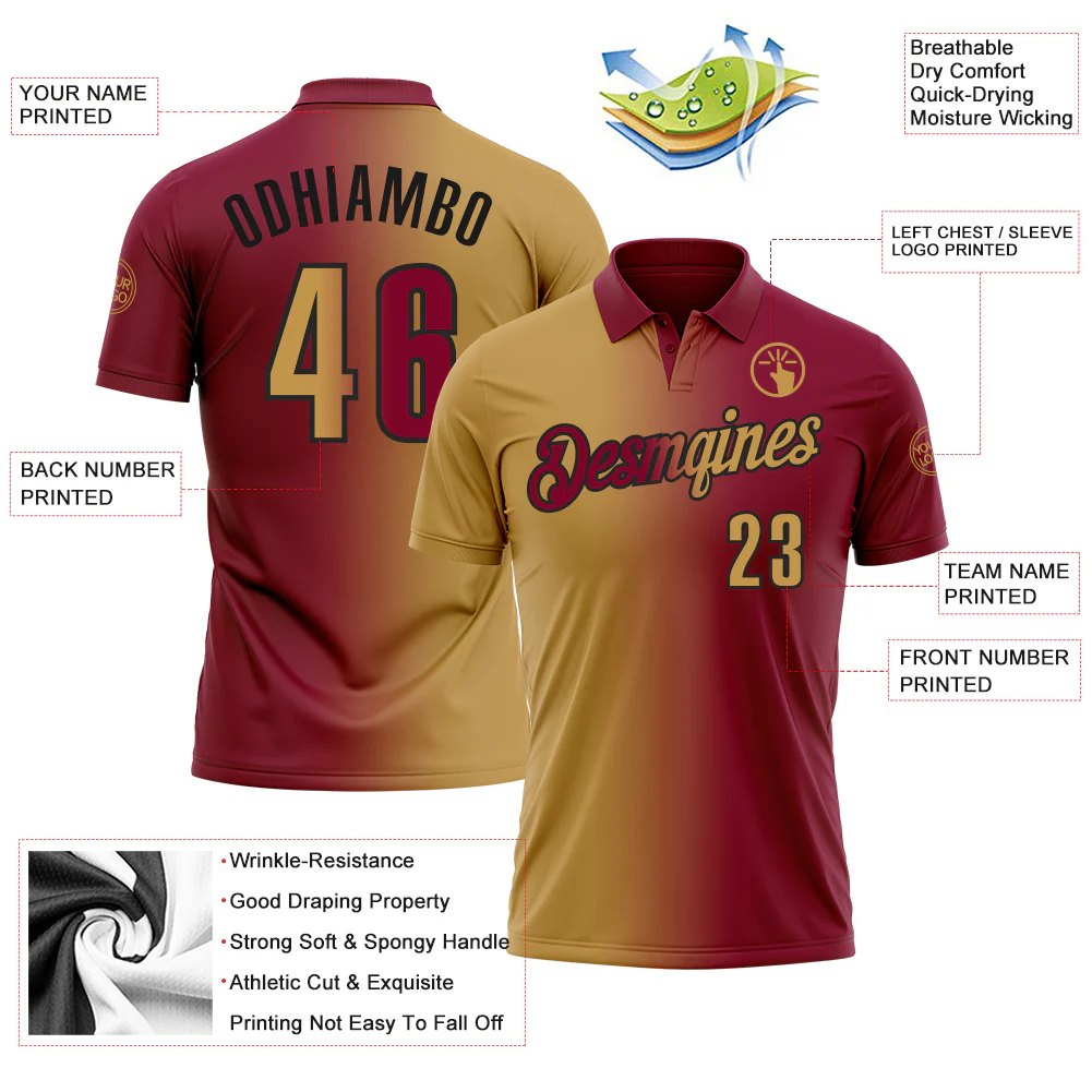 Custom Maroon Old Gold-Black 3D Gradient Fashion Performance Polo Shirt - Image 3