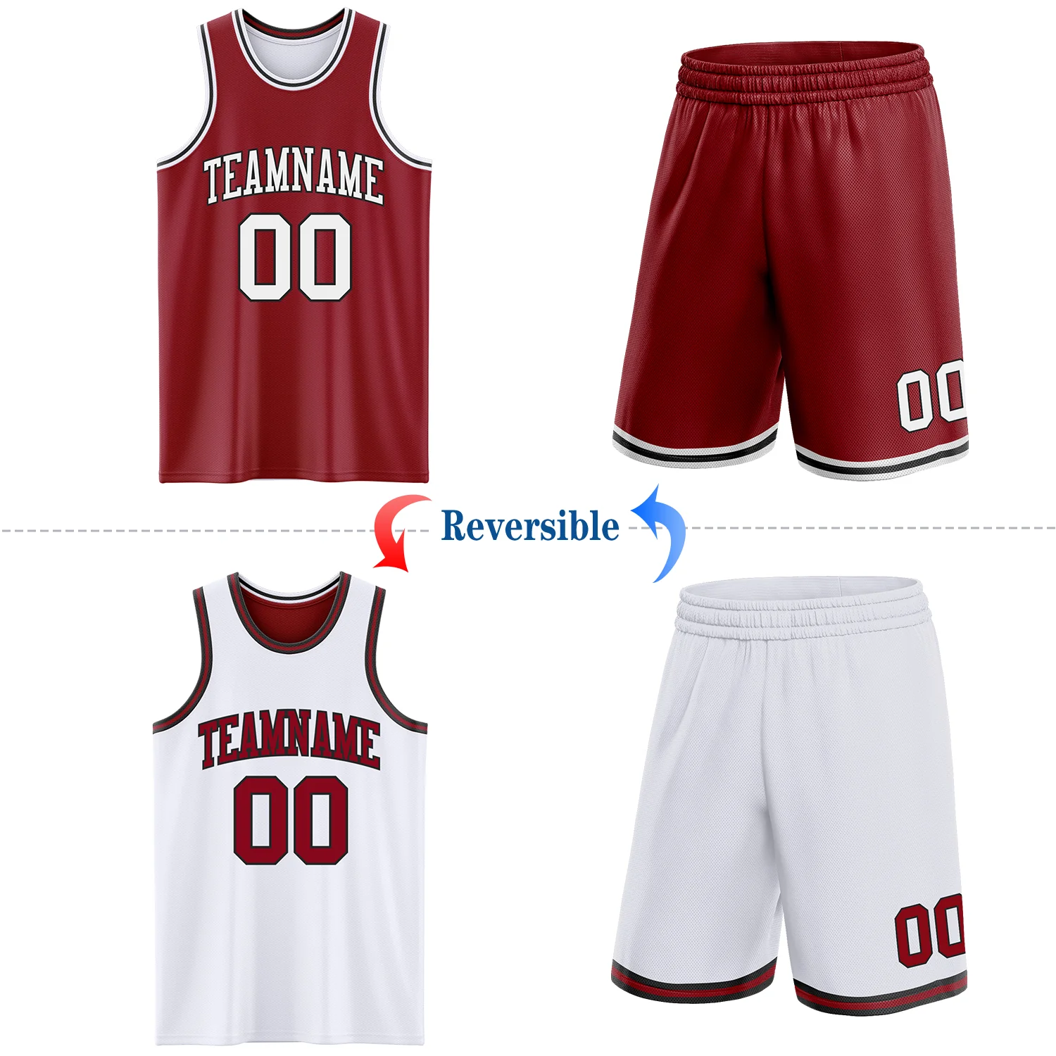 Custom Reversible Maroon White-Black Double Side Sublimation Basketball Suit Jersey - Image 2