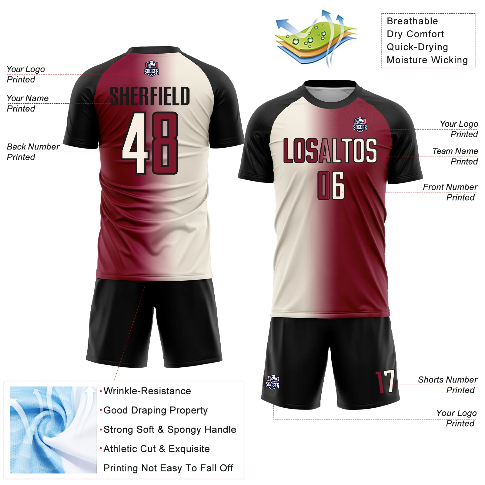 Custom Maroon Cream-Black Sublimation Gradient Fashion Soccer Uniform Jersey - Image 4
