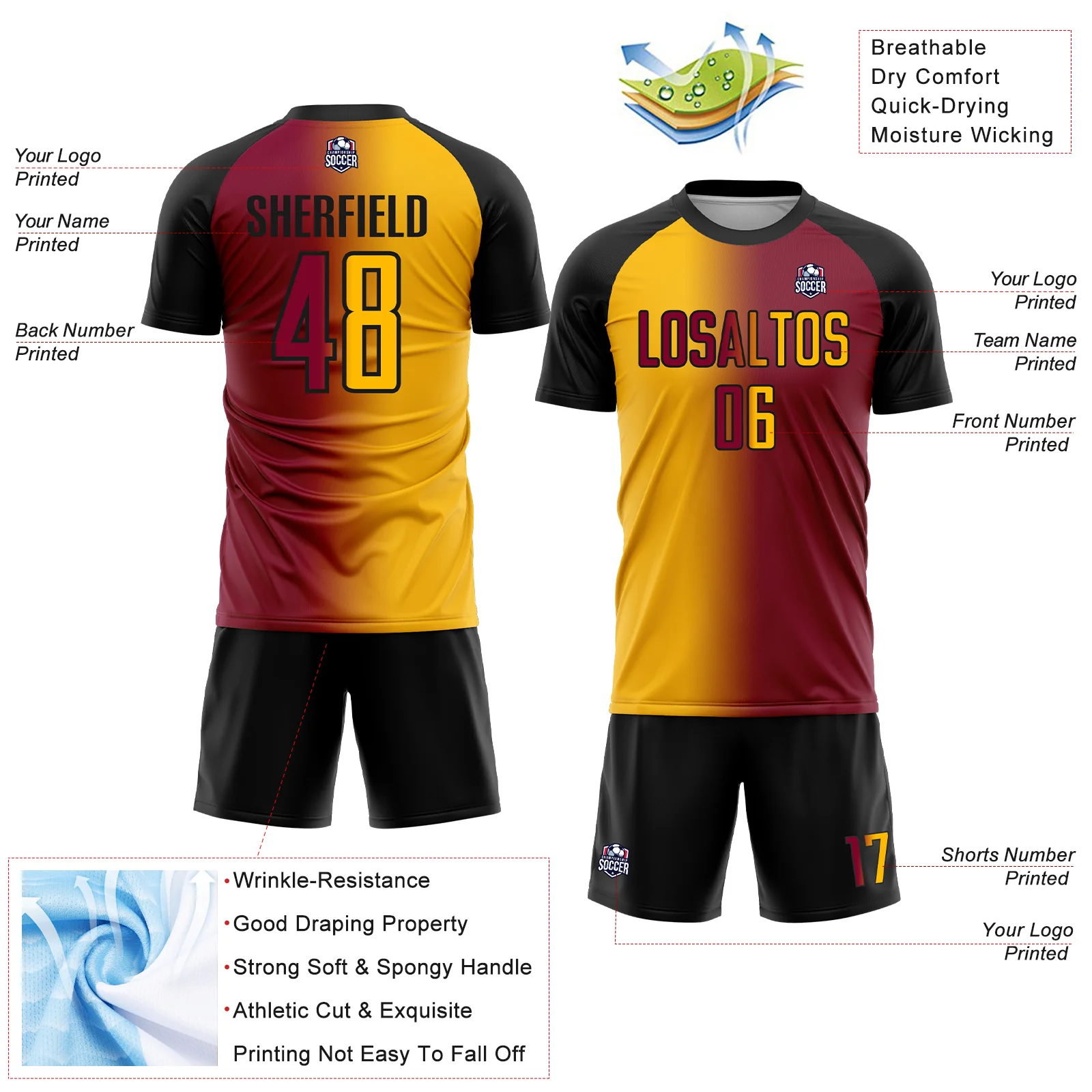 Custom Maroon Gold-Black Sublimation Gradient Fashion Soccer Uniform Jersey - Image 4