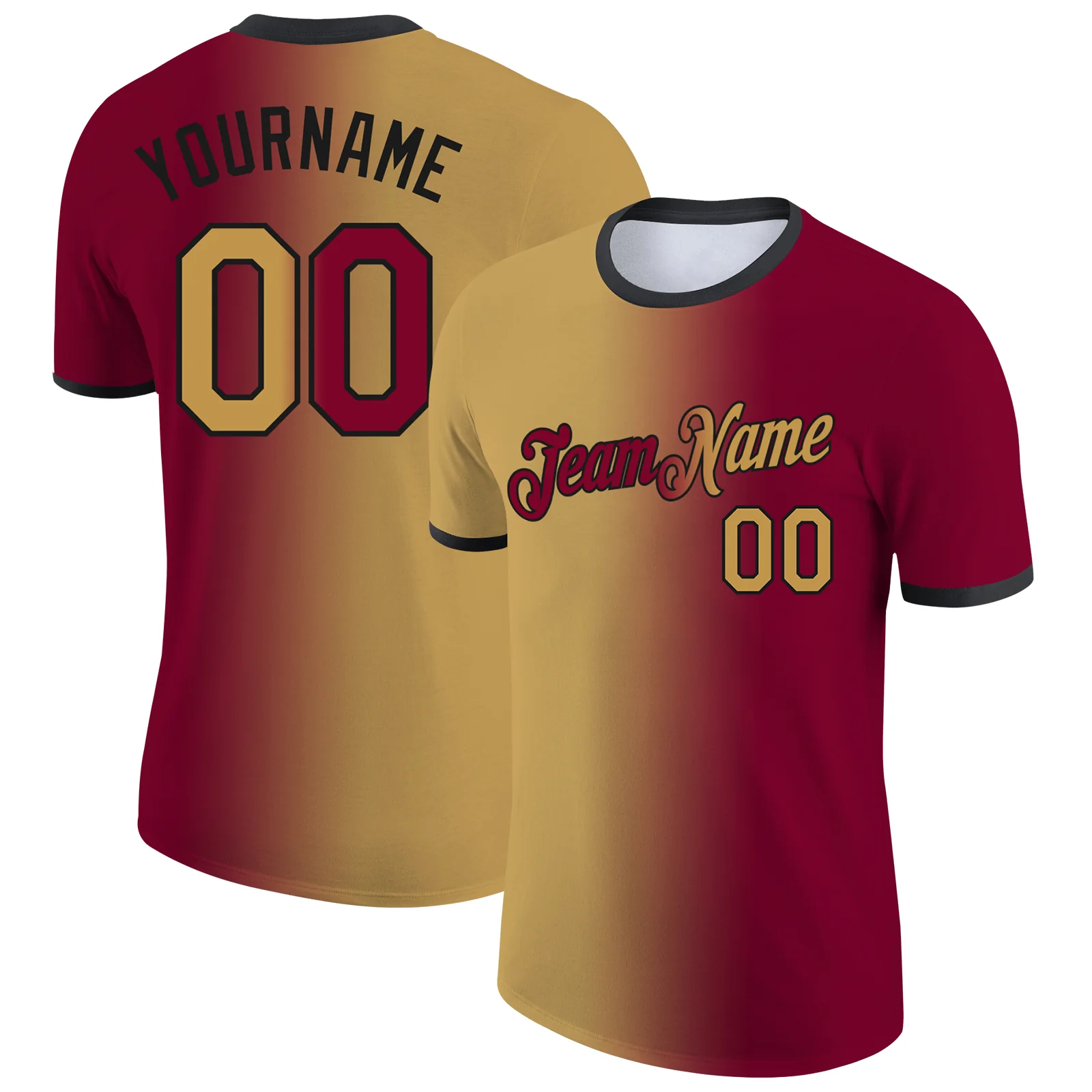 Custom Maroon Old Gold-Black Gradient Fashion Performance T-Shirt