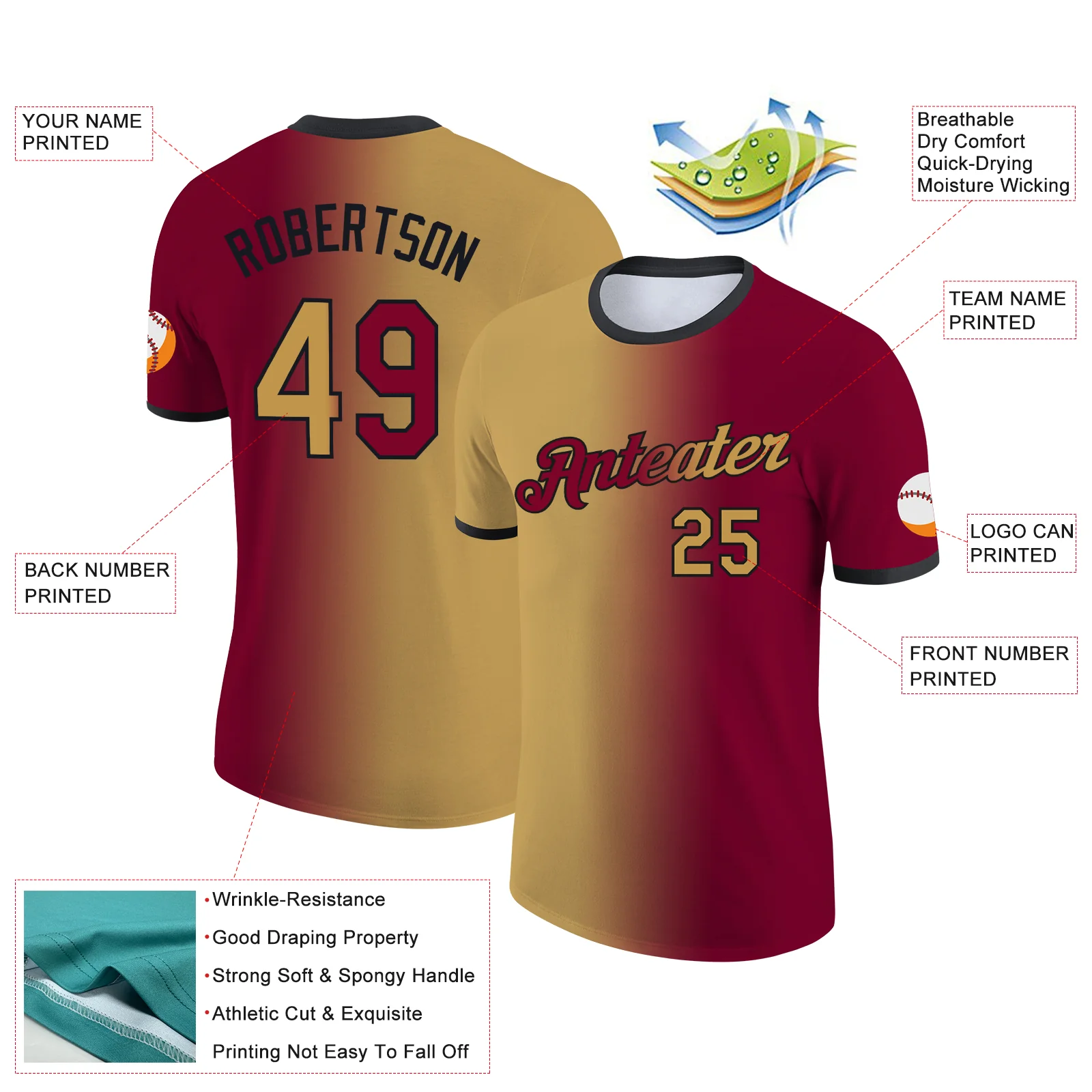 Custom Maroon Old Gold-Black Gradient Fashion Performance T-Shirt - Image 2