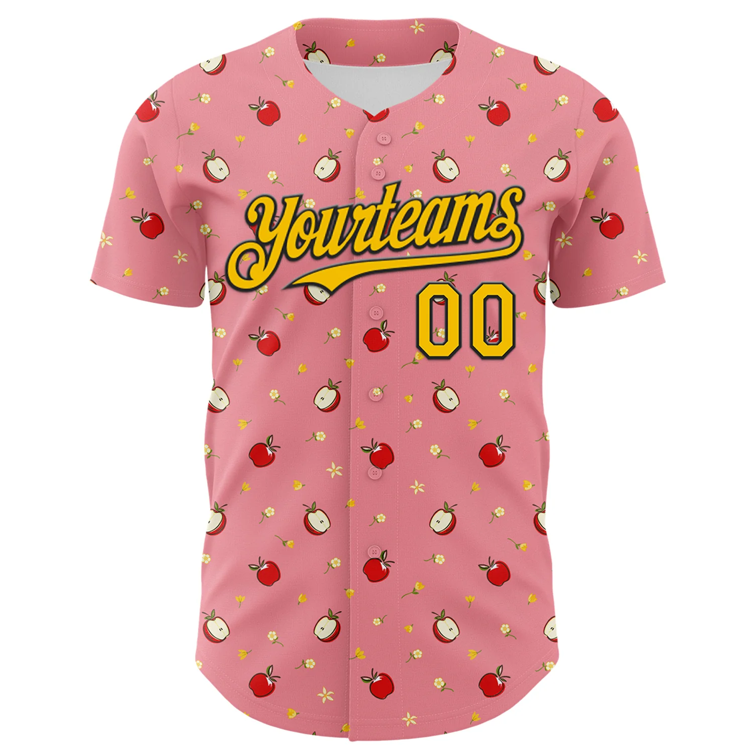 Custom Medium Pink Yellow-Black 3D Pattern Design Foodie Food Fruit Apple Authentic Baseball Jersey - Image 2