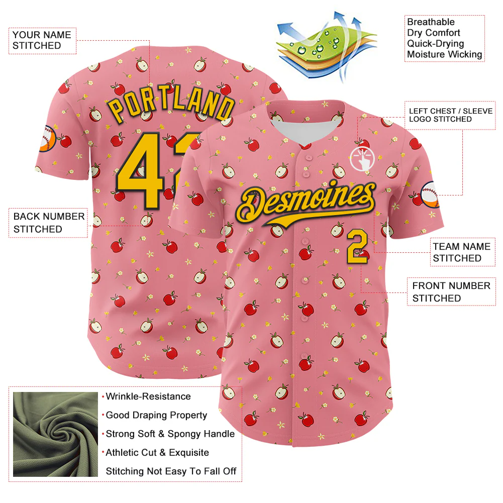 Custom Medium Pink Yellow-Black 3D Pattern Design Foodie Food Fruit Apple Authentic Baseball Jersey - Image 3