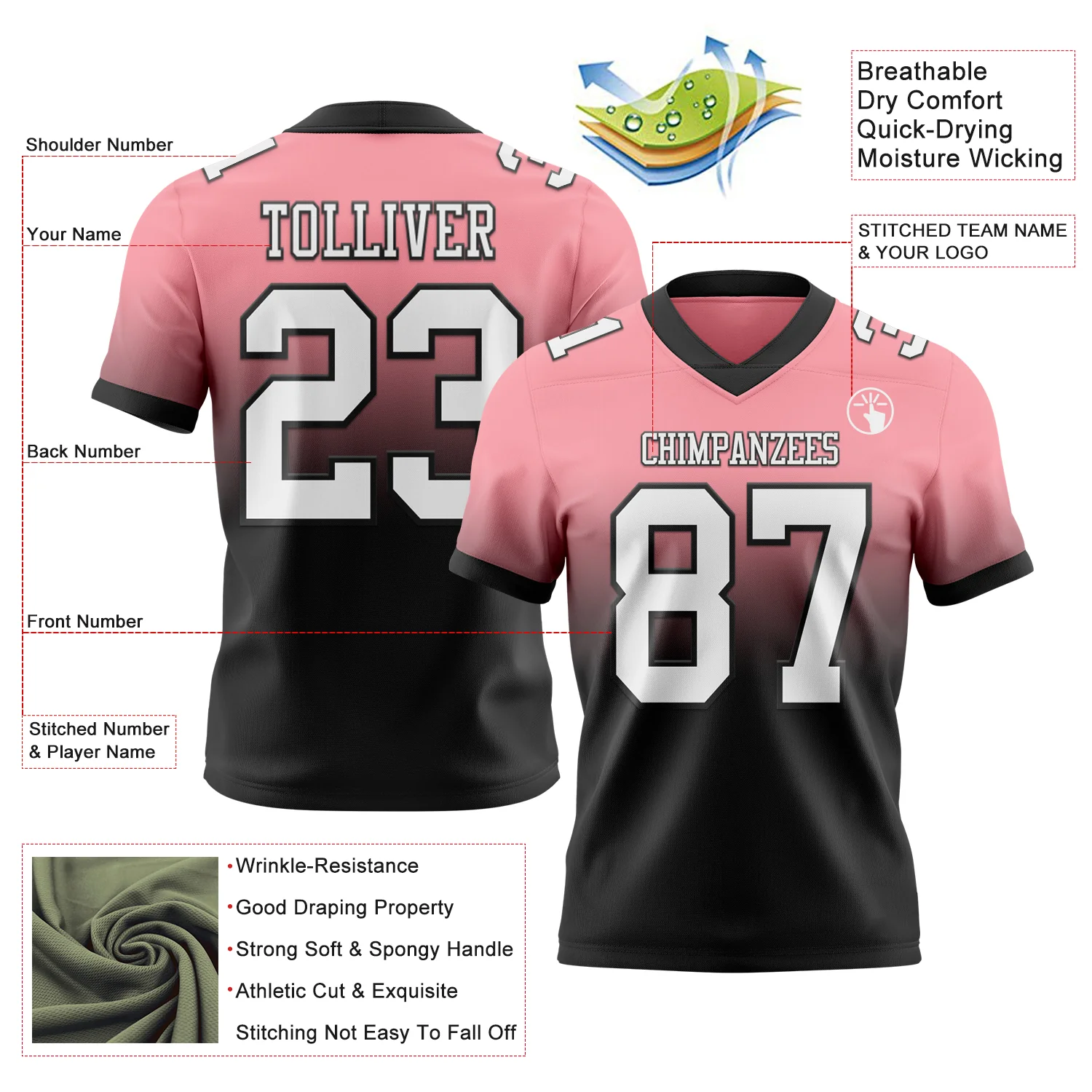Custom Medium Pink White-Black Authentic Fade Fashion Football Jersey - Image 2