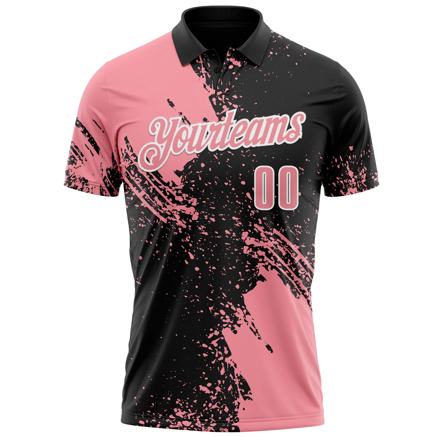 Custom Medium Pink Black-White 3D Pattern Design Abstract Brush Stroke Performance Polo Shirt - Image 2
