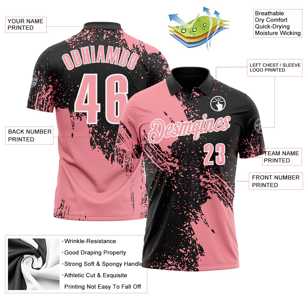 Custom Medium Pink Black-White 3D Pattern Design Abstract Brush Stroke Performance Polo Shirt - Image 3