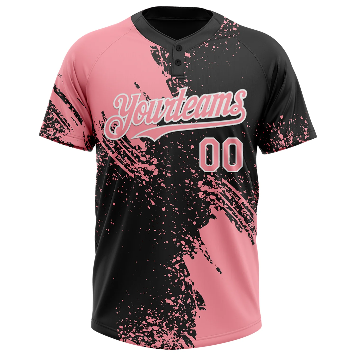 Custom Medium Pink Black-White 3D Pattern Abstract Brush Stroke Two-Button Unisex Softball Jersey - Image 2