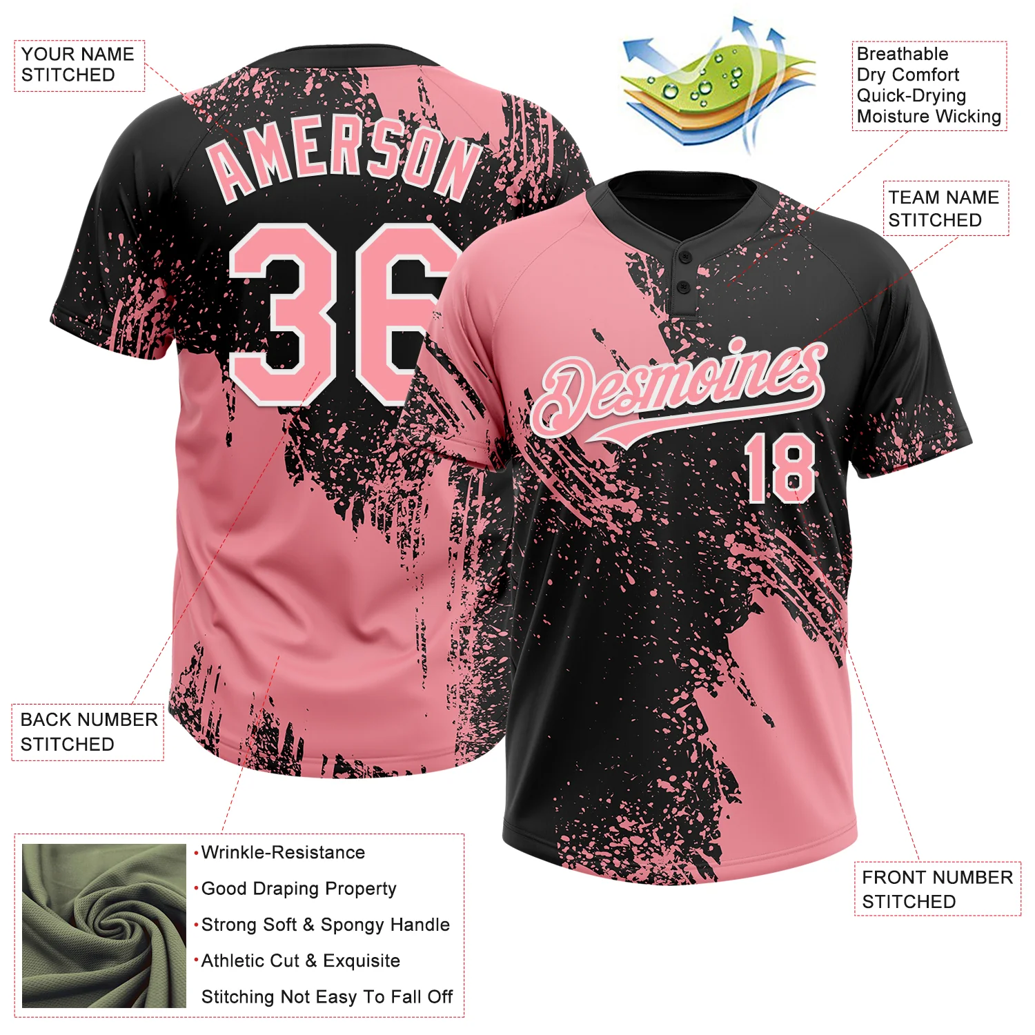 Custom Medium Pink Black-White 3D Pattern Abstract Brush Stroke Two-Button Unisex Softball Jersey - Image 3