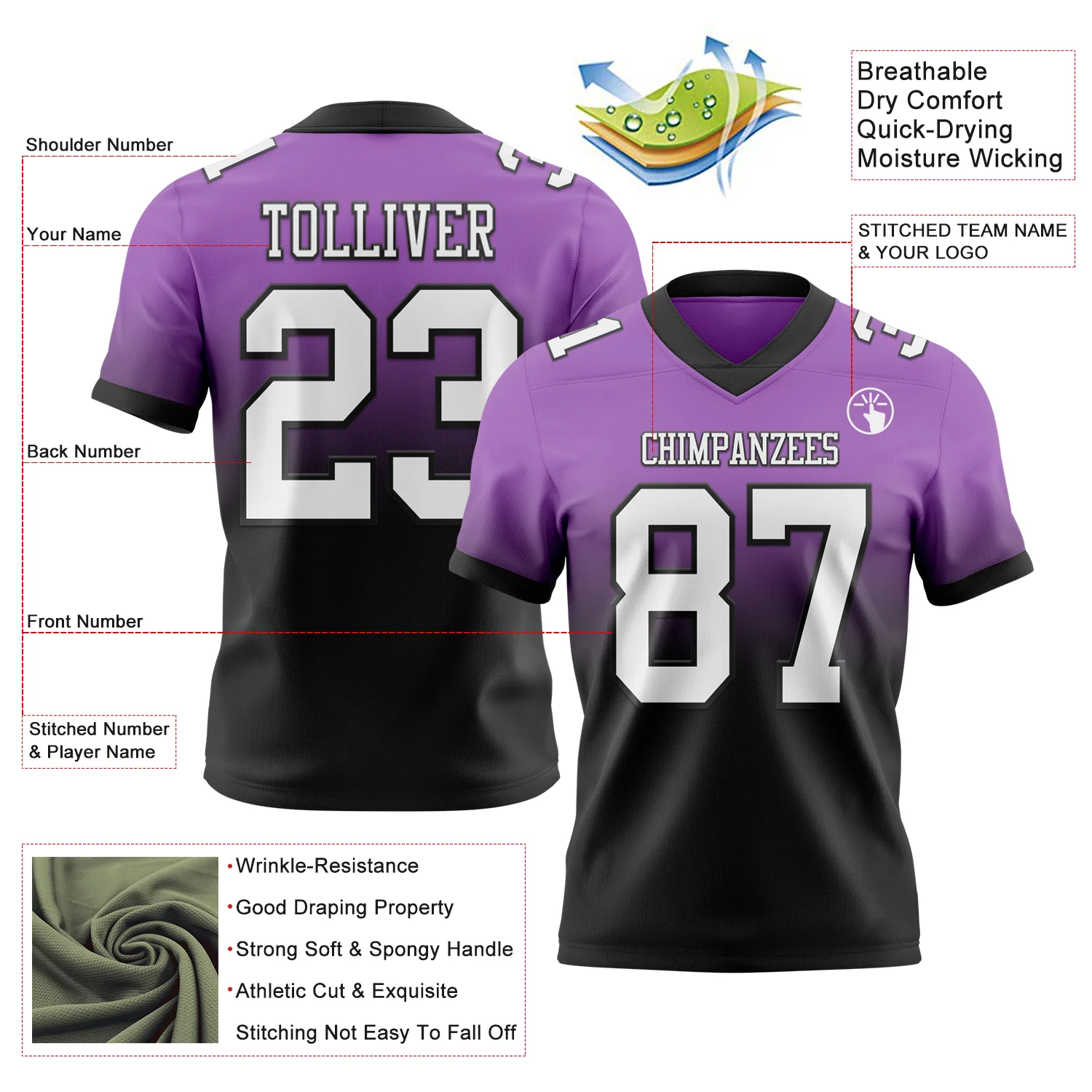 Custom Medium Purple White-Black Authentic Fade Fashion Football Jersey - Image 2