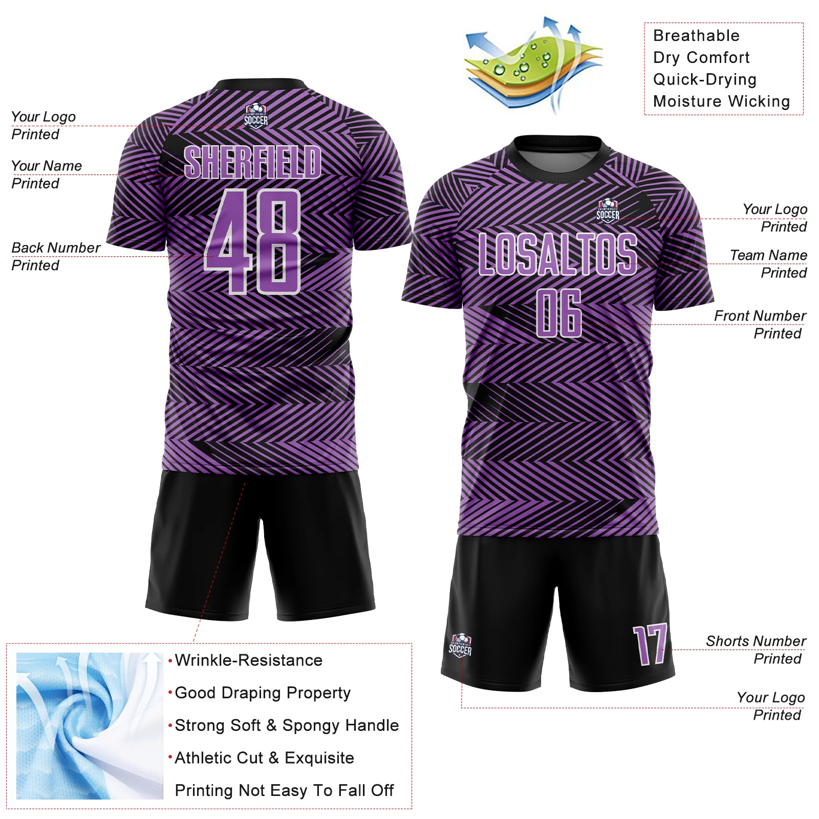 Custom Medium Purple Black-White Line Sublimation Soccer Uniform Jersey - Image 4