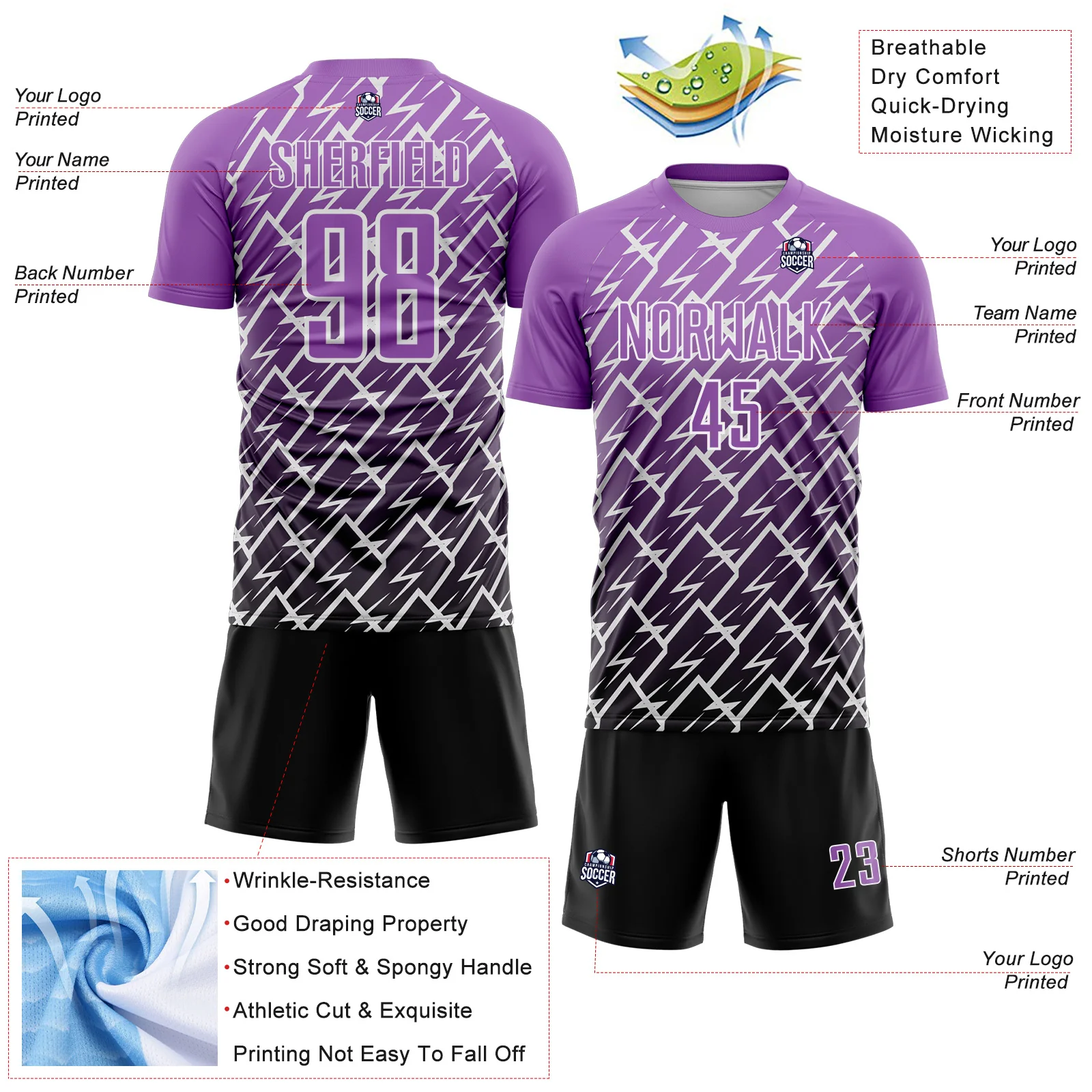Custom Medium Purple Black-White Lightning Sports Sublimation Soccer Uniform Jersey - Image 4