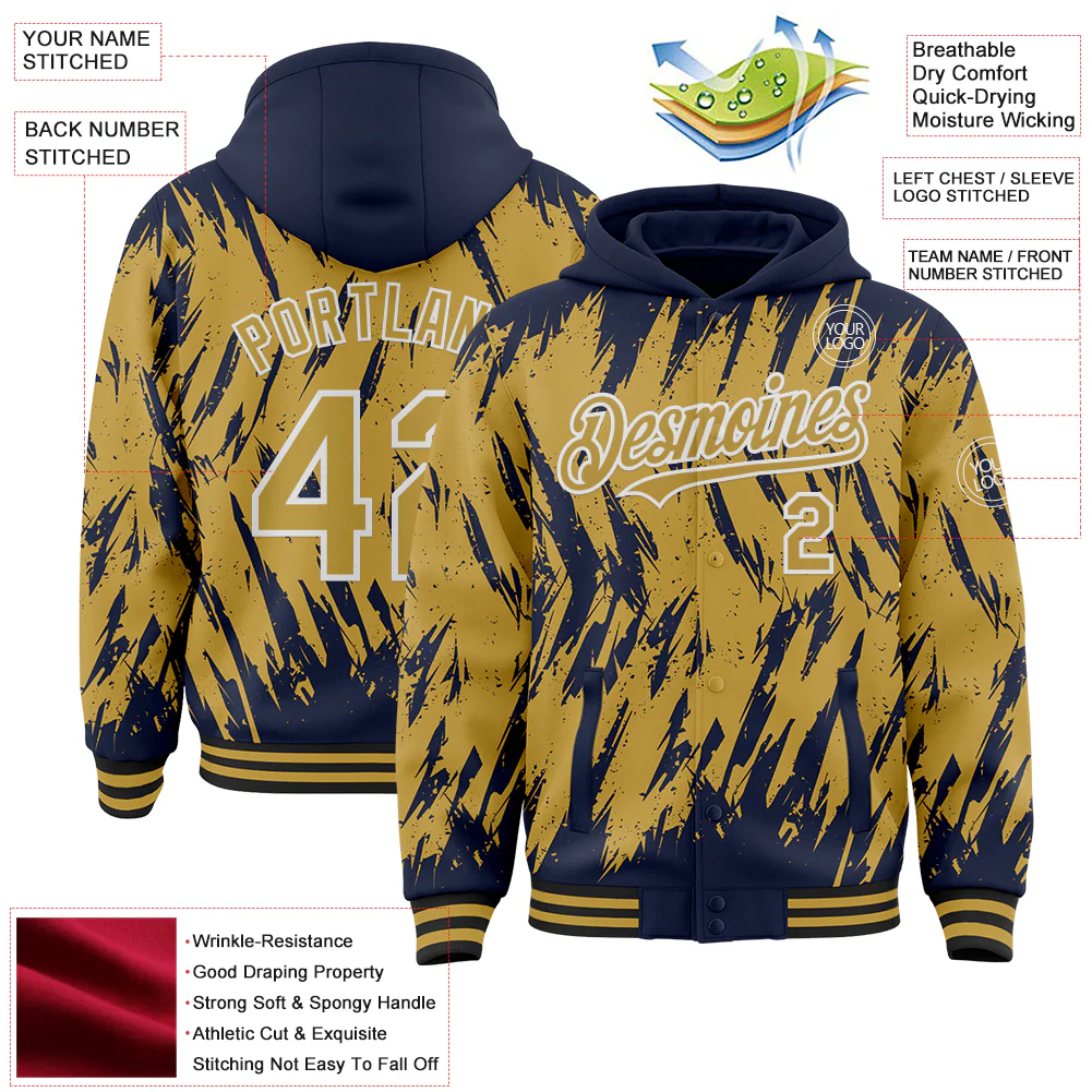 Custom Navy Old Gold Black-White Abstract Sharp Shape Fragment Pattern Bomber Full-Snap Varsity Letterman Hoodie Jacket - Image 4