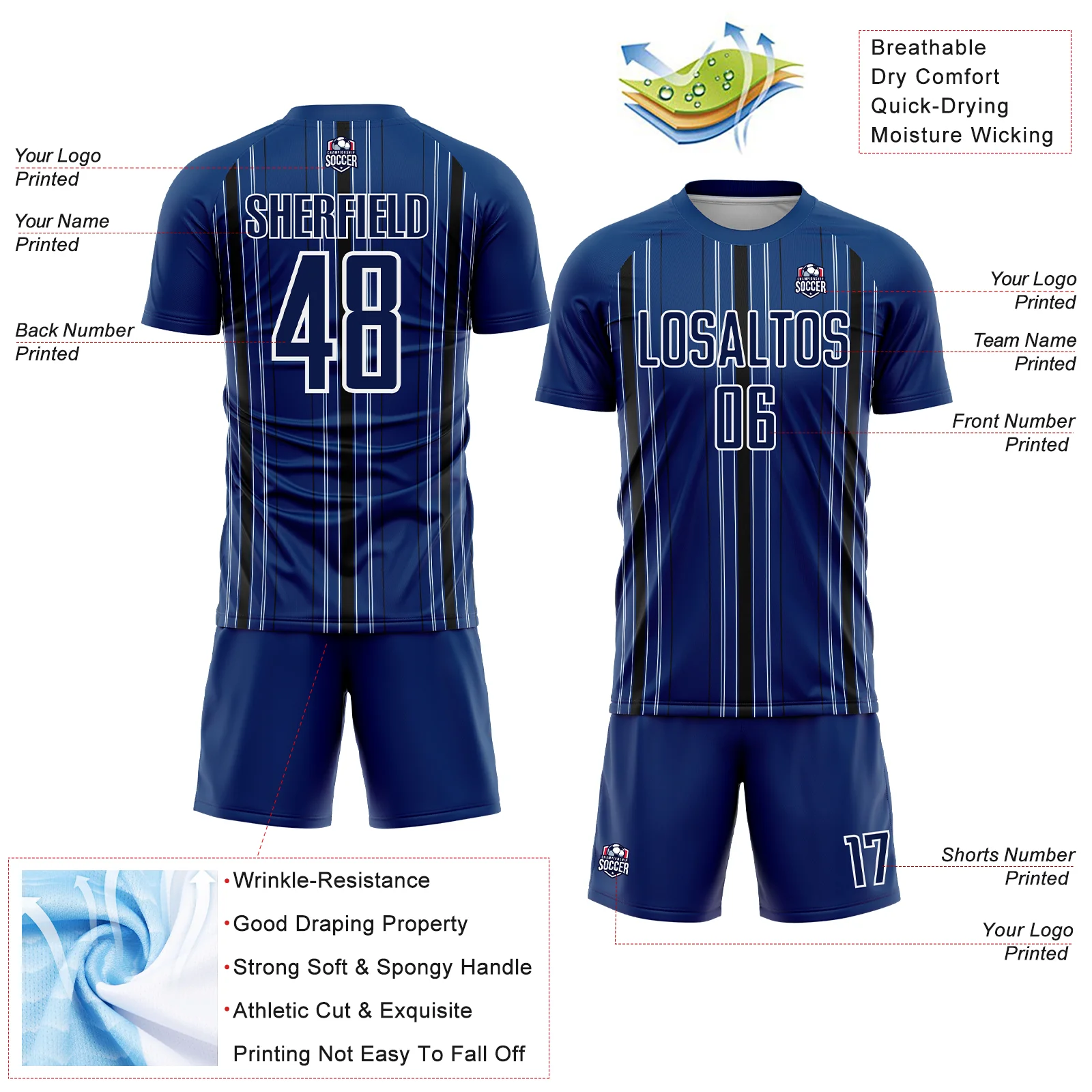 Custom Navy Black-White Stripe Sublimation Soccer Uniform Jersey - Image 4