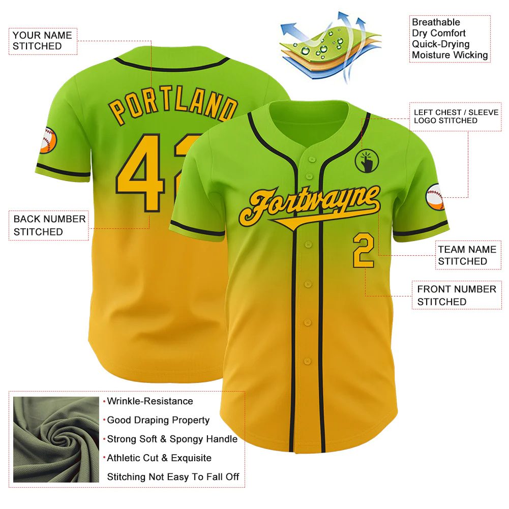 Custom Neon Green Gold-Black Authentic Fade Fashion Baseball Jersey - Image 3