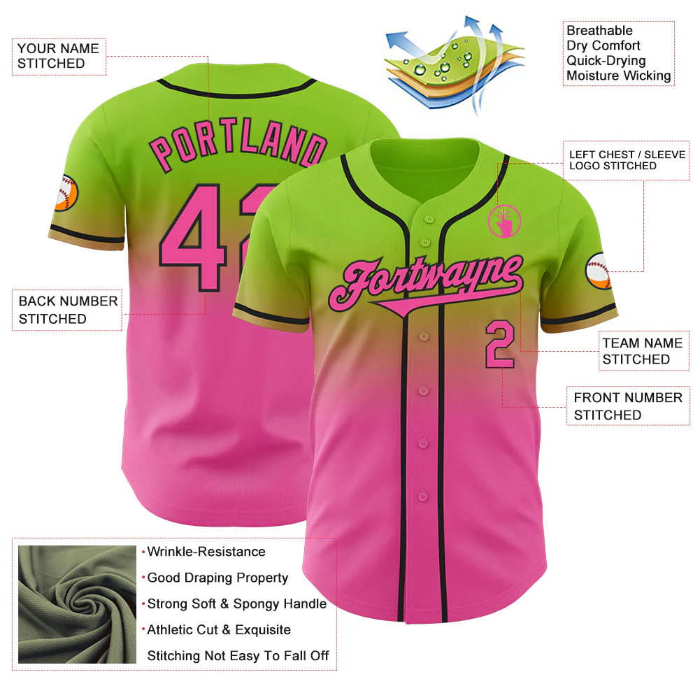 Custom Neon Green Pink-Black Authentic Fade Fashion Baseball Jersey - Image 3